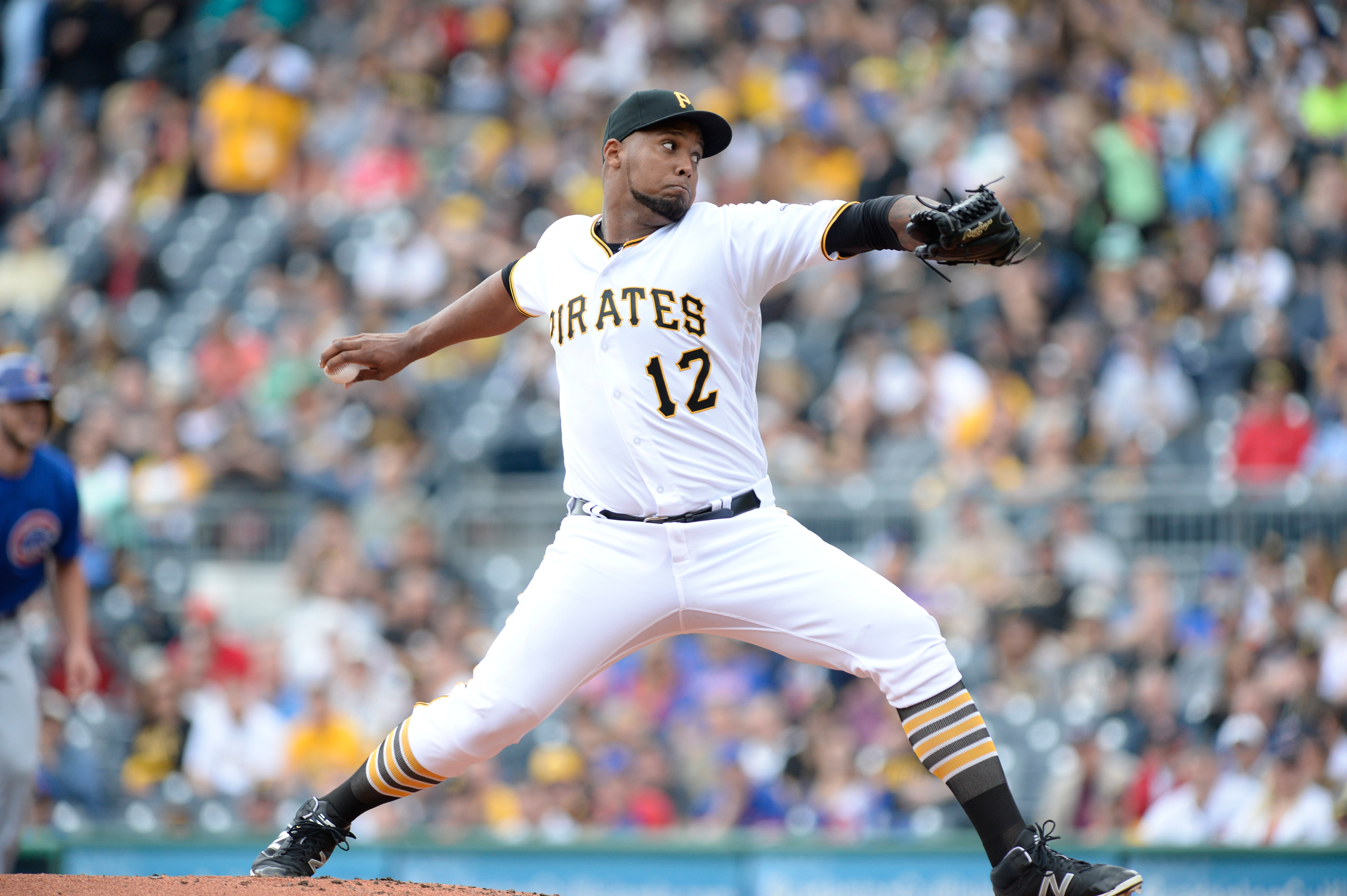 May 4, 2016: Pittsburgh Pirates starting pitcher Juan Nicasio (12) [7554] delivers a pitch during the Pittsburgh Pirates game versus the Chicago Cubs at PNC Park in Pittsburgh, PA. (Photo by Shelley Lipton/Icon Sportswire) (Icon Sportswire via AP Images)