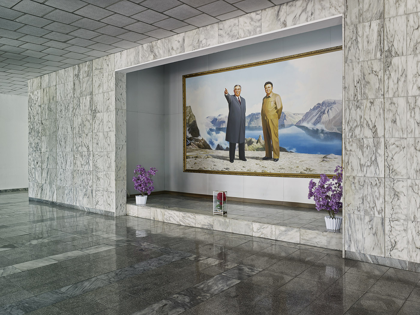 Portrait of the Leaders, Jannamsan Hotel, Kaesong, Pyongyang. There are a number of portraits of the North Korean leaders, featuring specific backdrops or content that have been officially approved and are displayed throughout the country. Artists who ha
