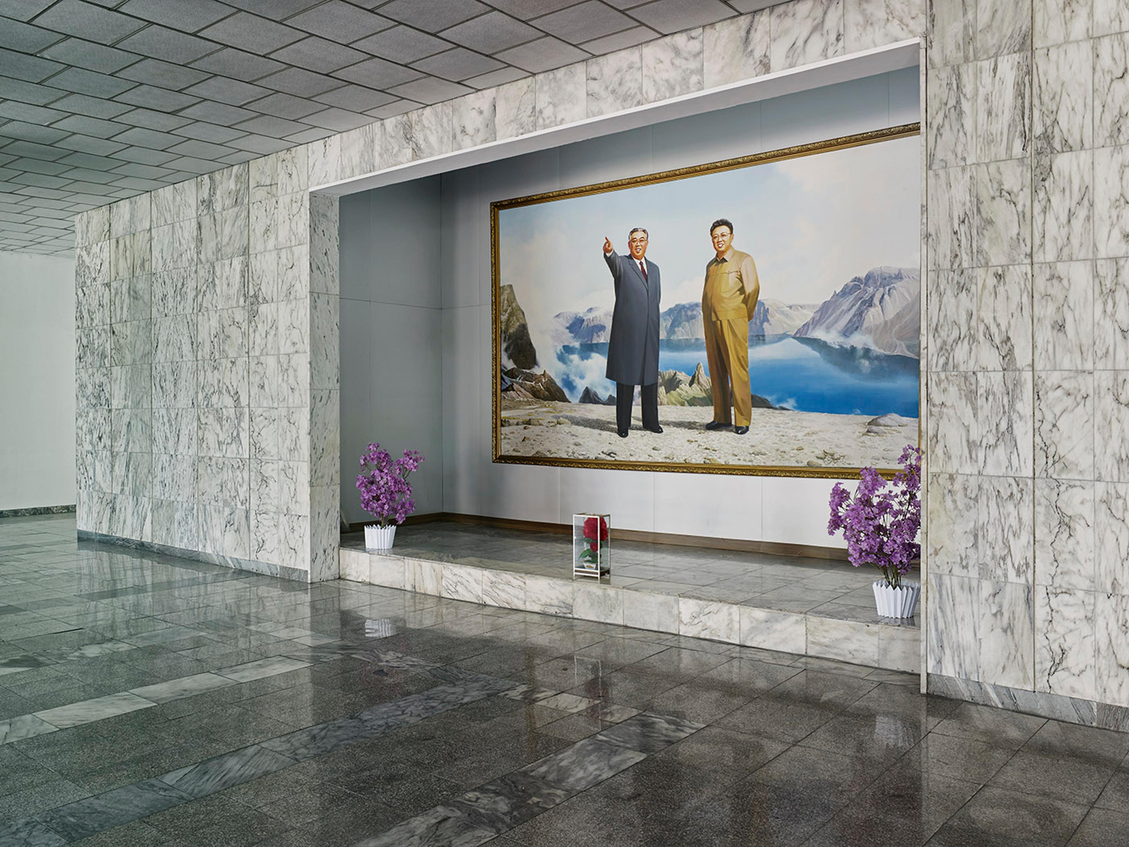 Portrait of the Leaders, Jannamsan Hotel, Kaesong, Pyongyang. There are a number of portraits of the North Korean leaders, featuring specific backdrops or content that have been officially approved and are displayed throughout the country. Artists who ha