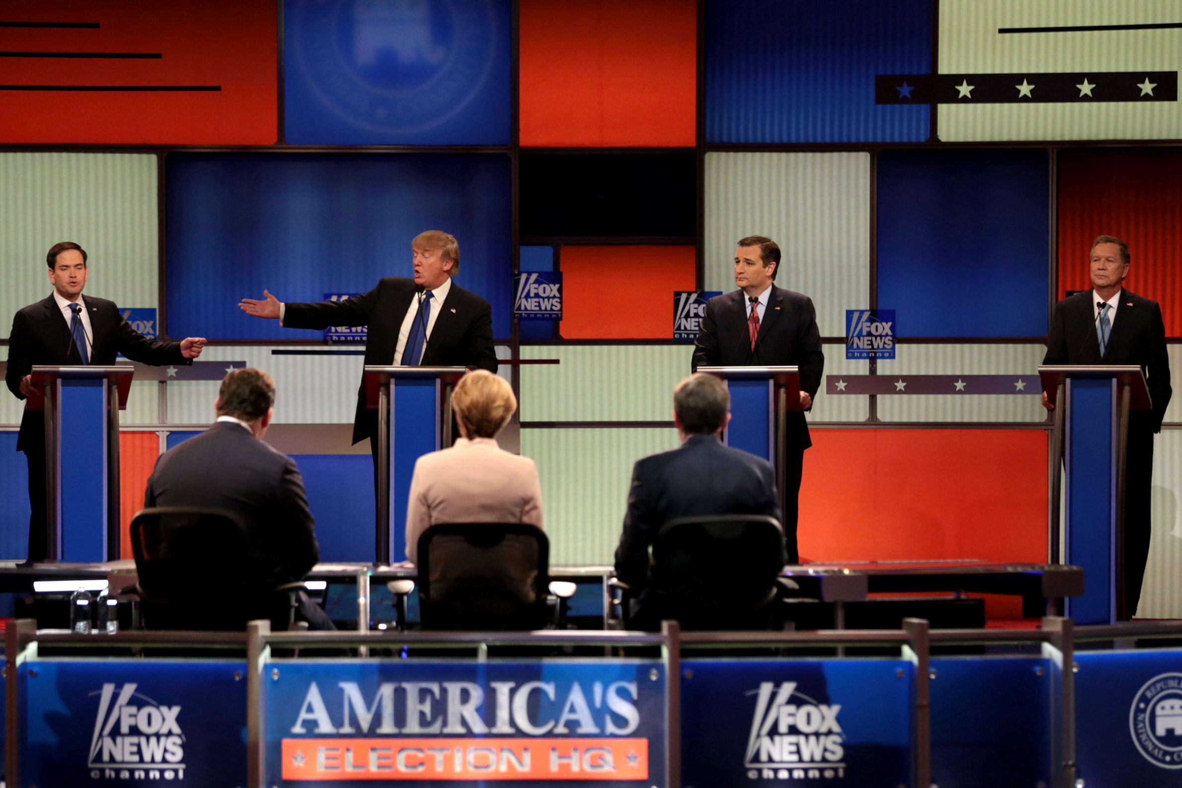 Republican presidential candidates, from left, Florida Sen. Marco Rubio, businessman Donald Trump, Texas Sen. Ted Cruz and Ohio Gov. John Kasich participate in a debate in Detroit, on March 3.