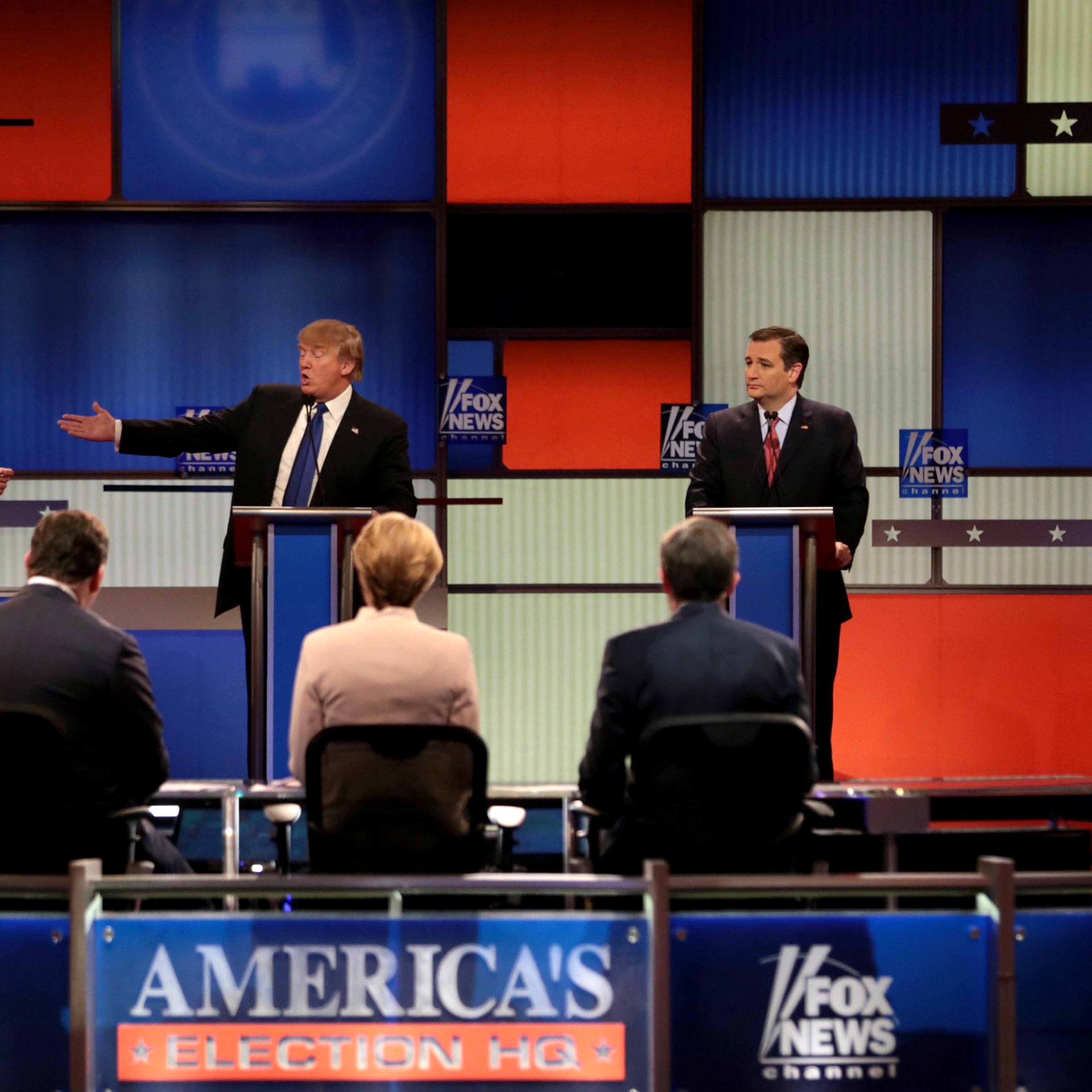 Republican presidential candidates, from left, Florida Sen. Marco Rubio, businessman Donald Trump, Texas Sen. Ted Cruz and Ohio Gov. John Kasich participate in a debate in Detroit, on March 3.