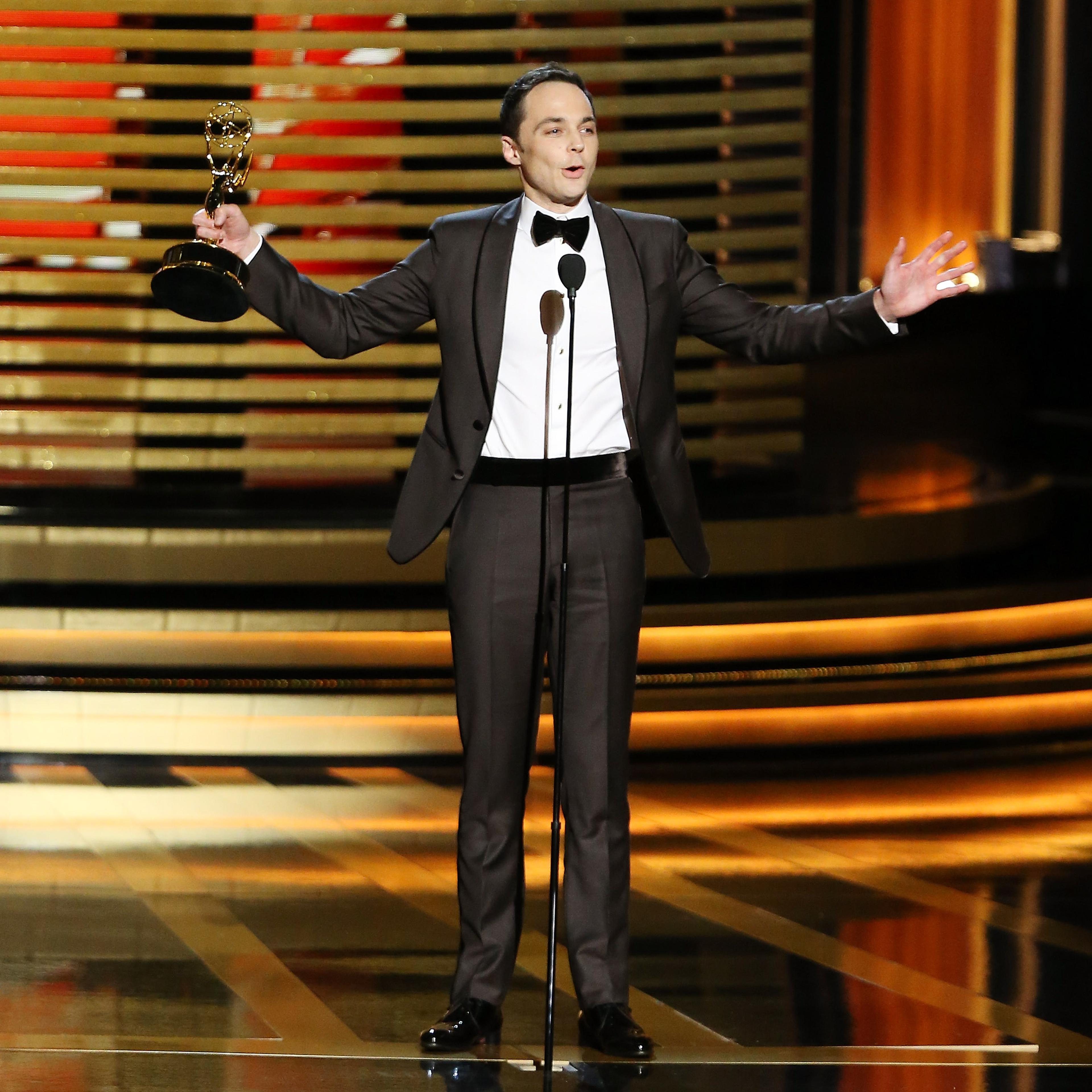 Jim Parsons accepts his trophy for Outstanding Lead Actor in a Comedy Series at the 66th Annual Primetime Emmy Awards