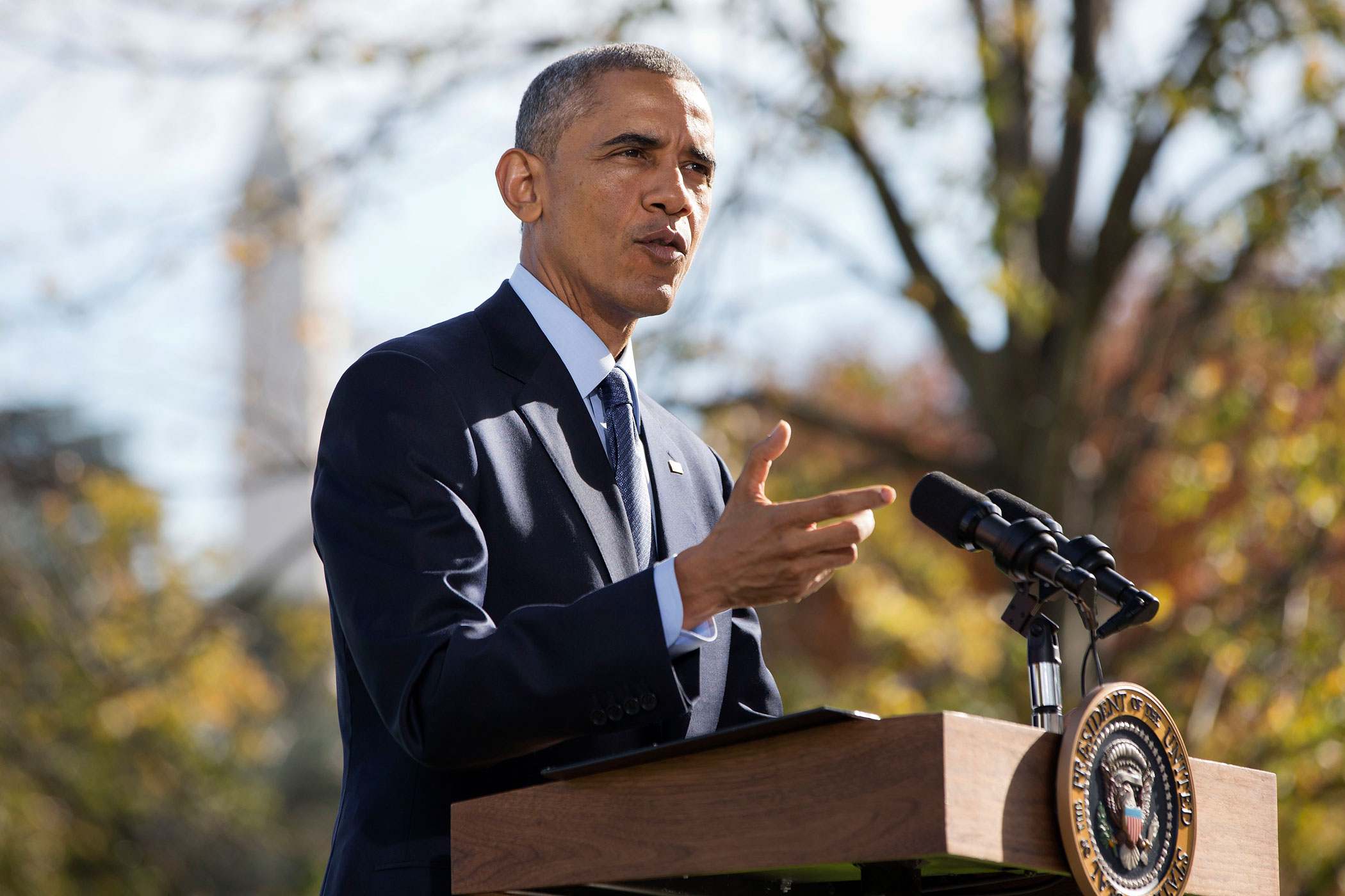 President Barack Obama speaks to the media about Ebola on Oct. 28, 2014, on the South Lawn of the White House in Washington D.C.