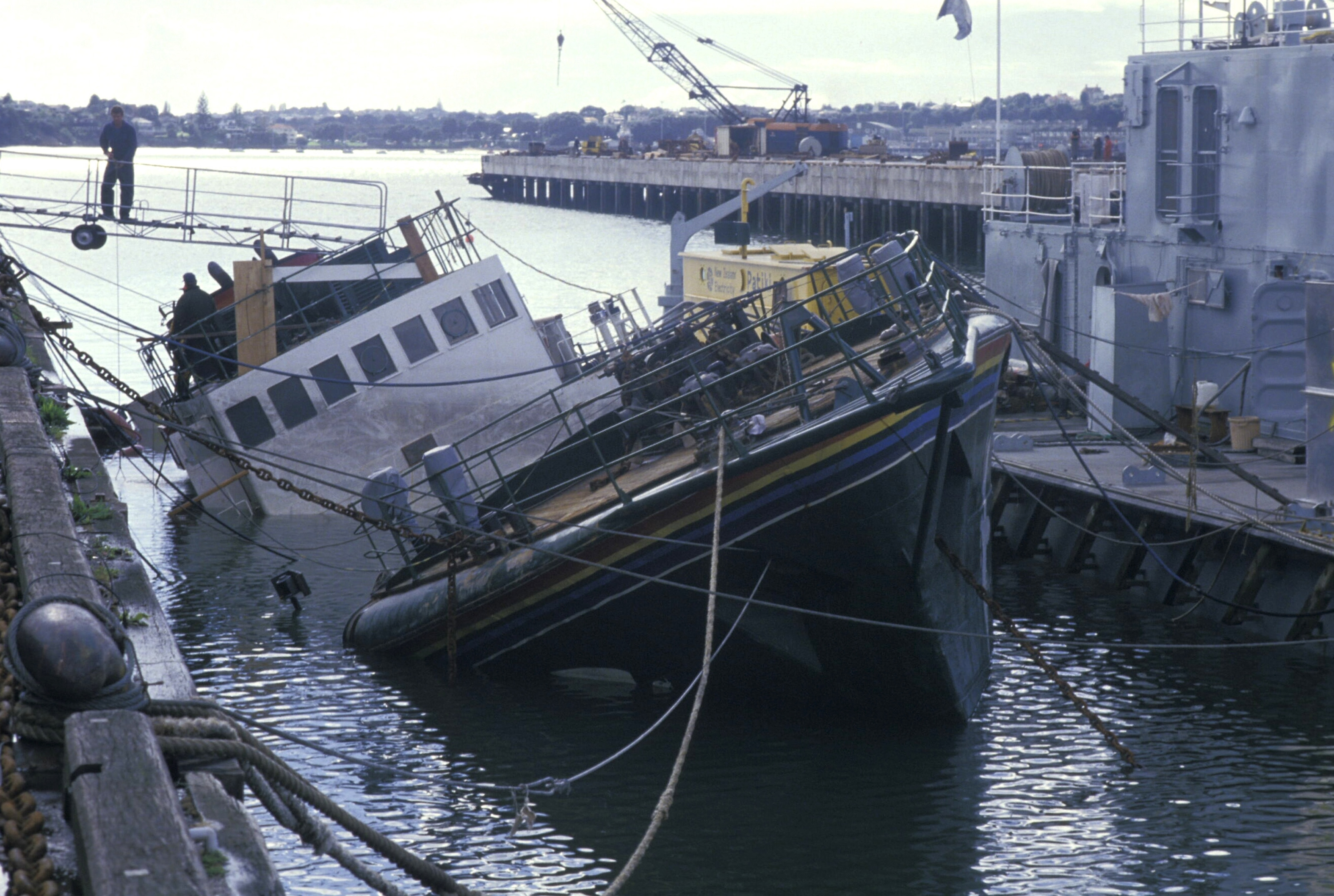 Greenpeace Rainbow Warrior sinking in the Bay of Auckland in New Zealand, July 10, 1985.
