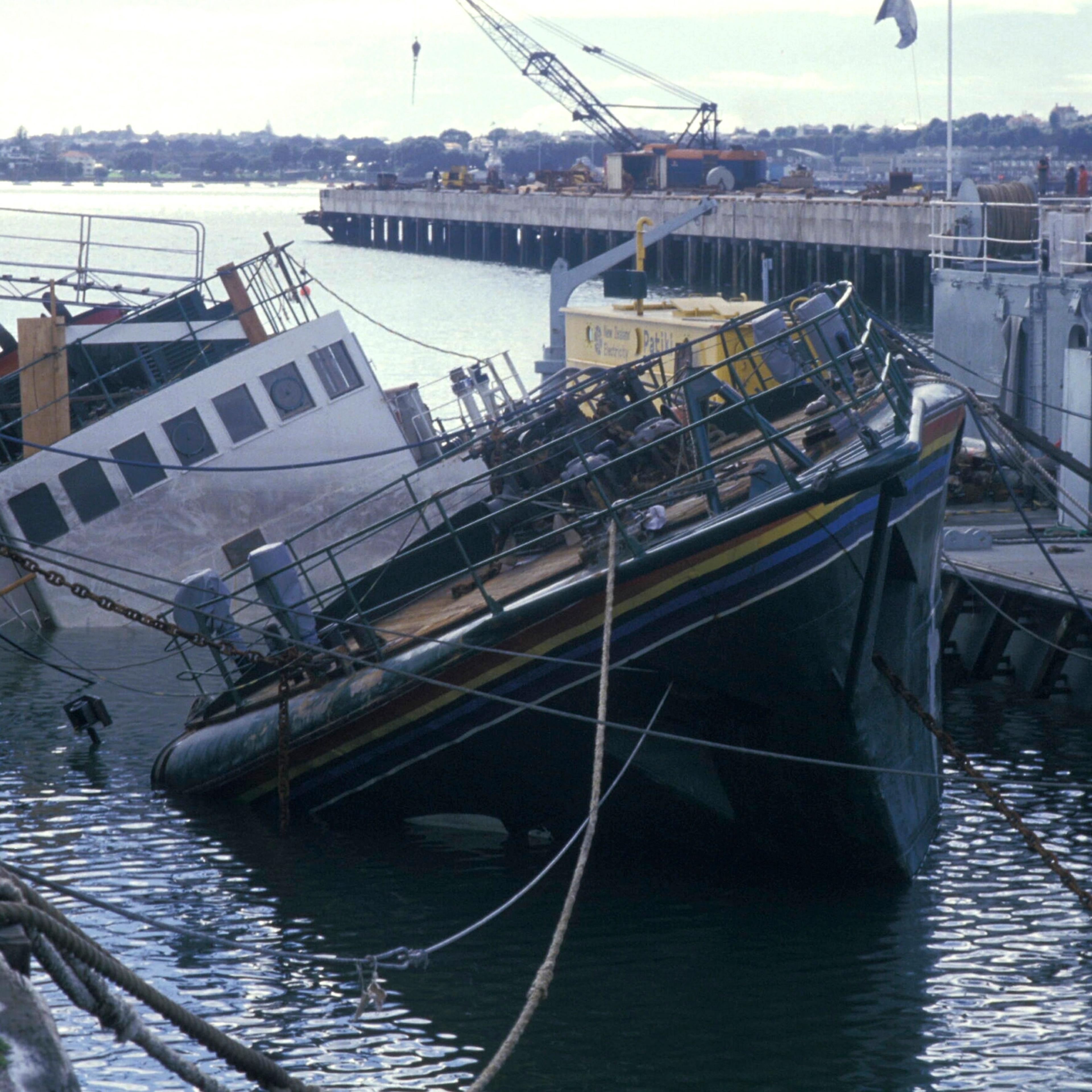 Greenpeace Rainbow Warrior sinking in the Bay of Auckland in New Zealand, July 10, 1985.