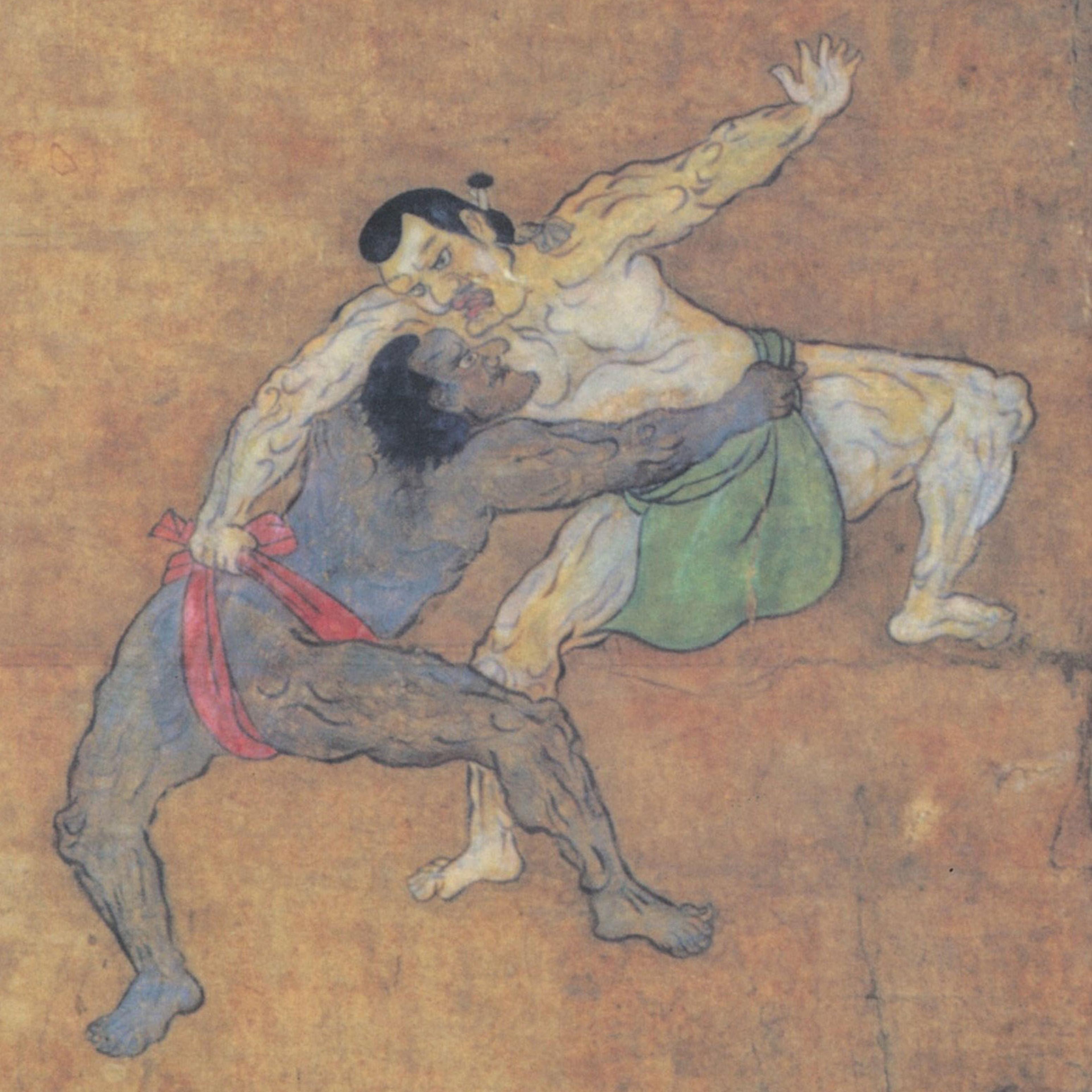 A cropped in detail of Sumō yūrakuzu byōbu