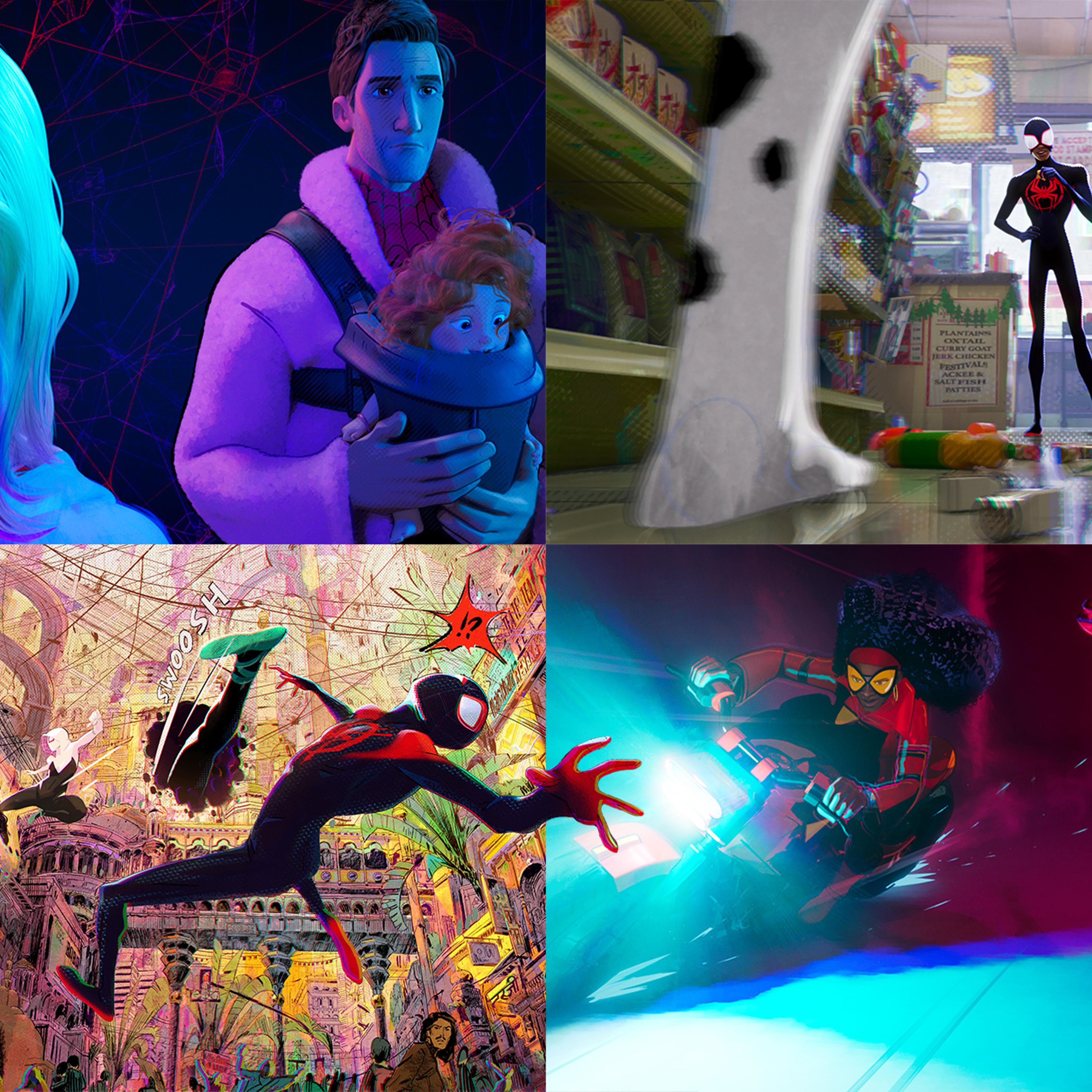 From top left, clockwise: Gwen Stacy (Hailee Steinfeld), Peter B. Parker (Jake Johnson) and his daughter Mayday; Miles Morales as Spider-Man (Shameik Moore); Jessica Drew (Issa Rae) and Miguel O’ Hara (Oscar Isaac); Pavitr Prabhakar (Karan Soni), Gwen Stacy and Miles Morales.