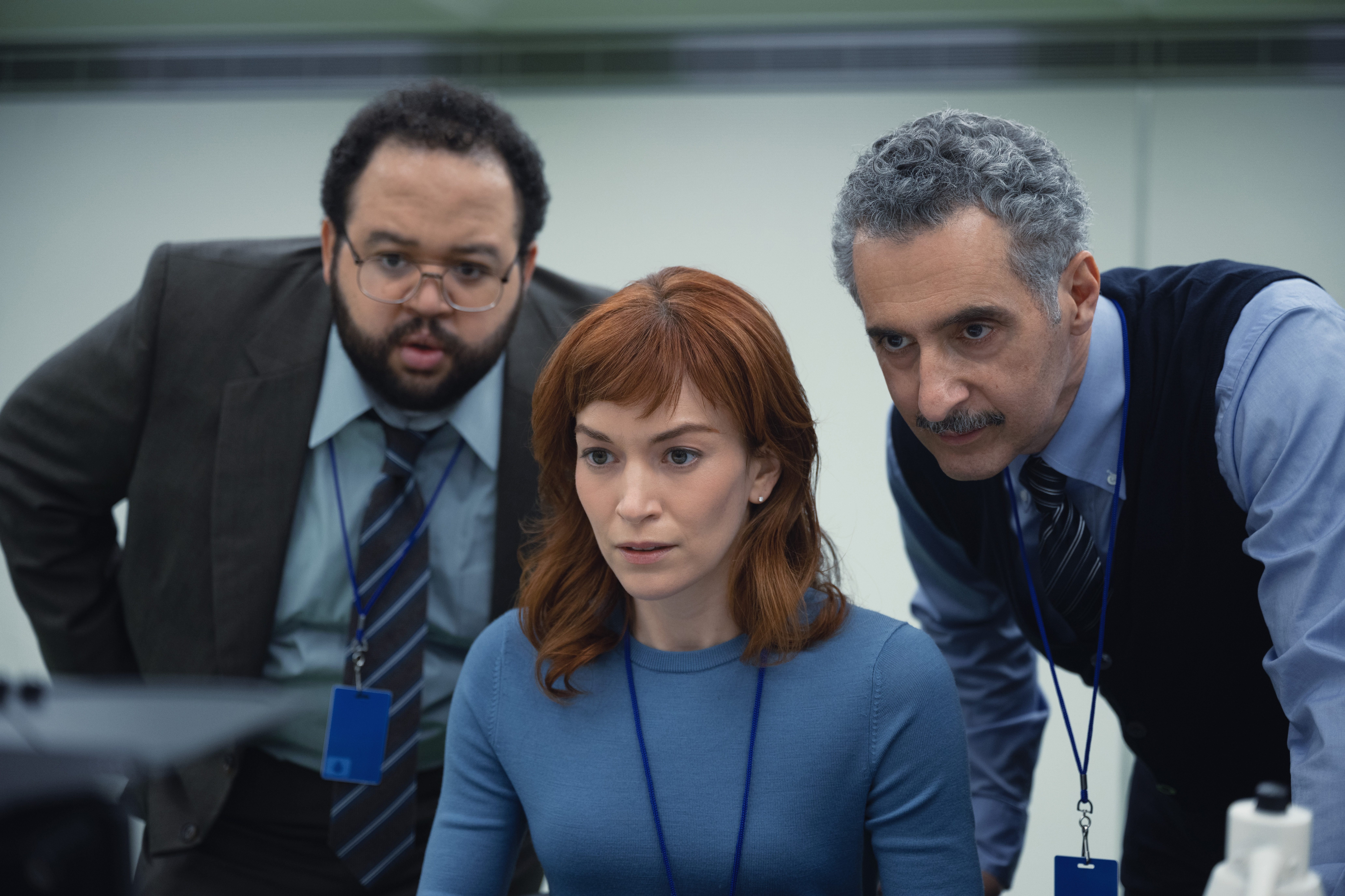 From left: Zach Cherry, Britt Lower and John Turturro in 'Severance'