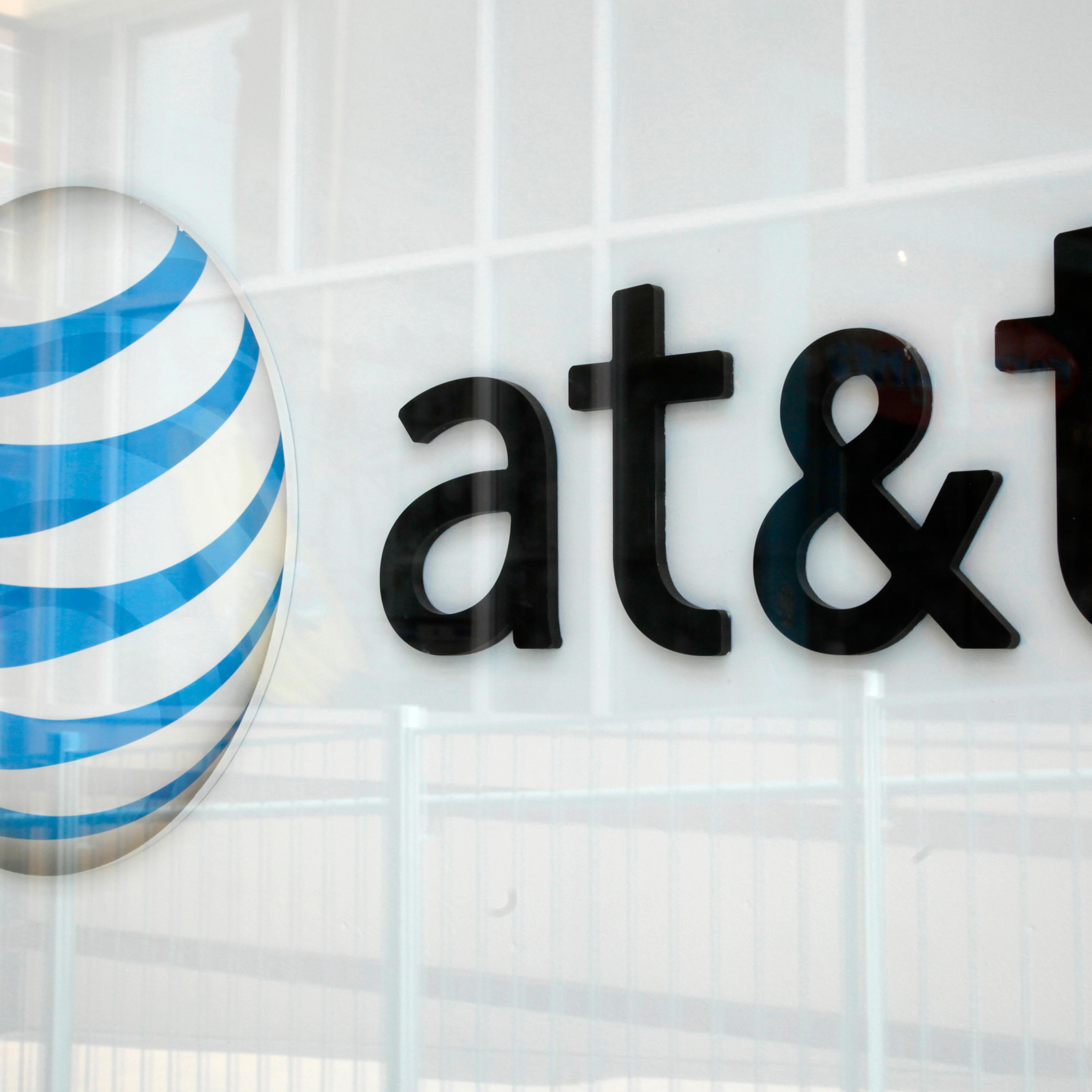 A view shows the AT&T store sign in Broomfield, Colorado