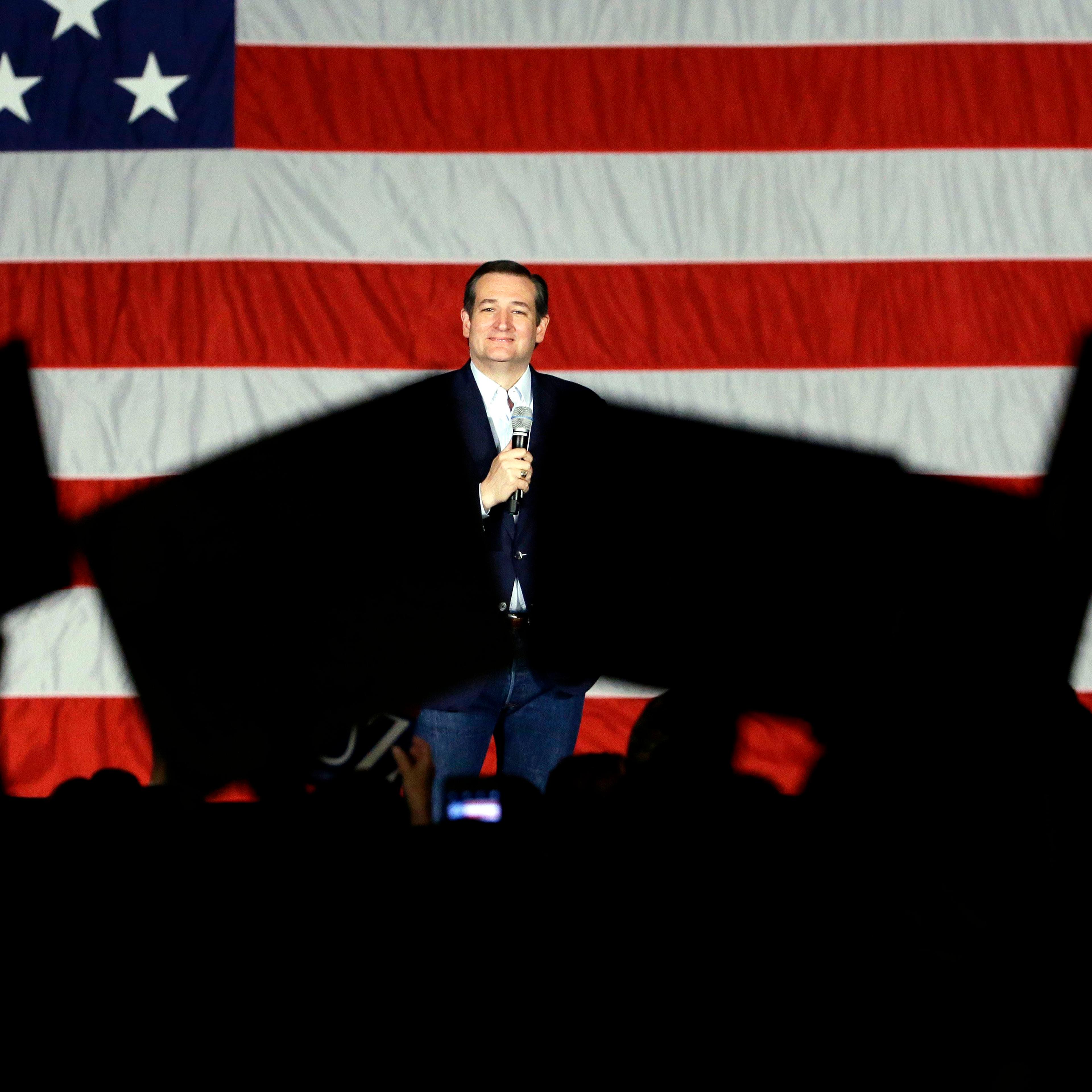 Republican presidential candidate, Sen. Ted Cruz, R-Texas, looks to supporters as he speaks at a campaign stop at Waukesha County Exposition Center on April 4, 2016, in Waukesha, Wis.