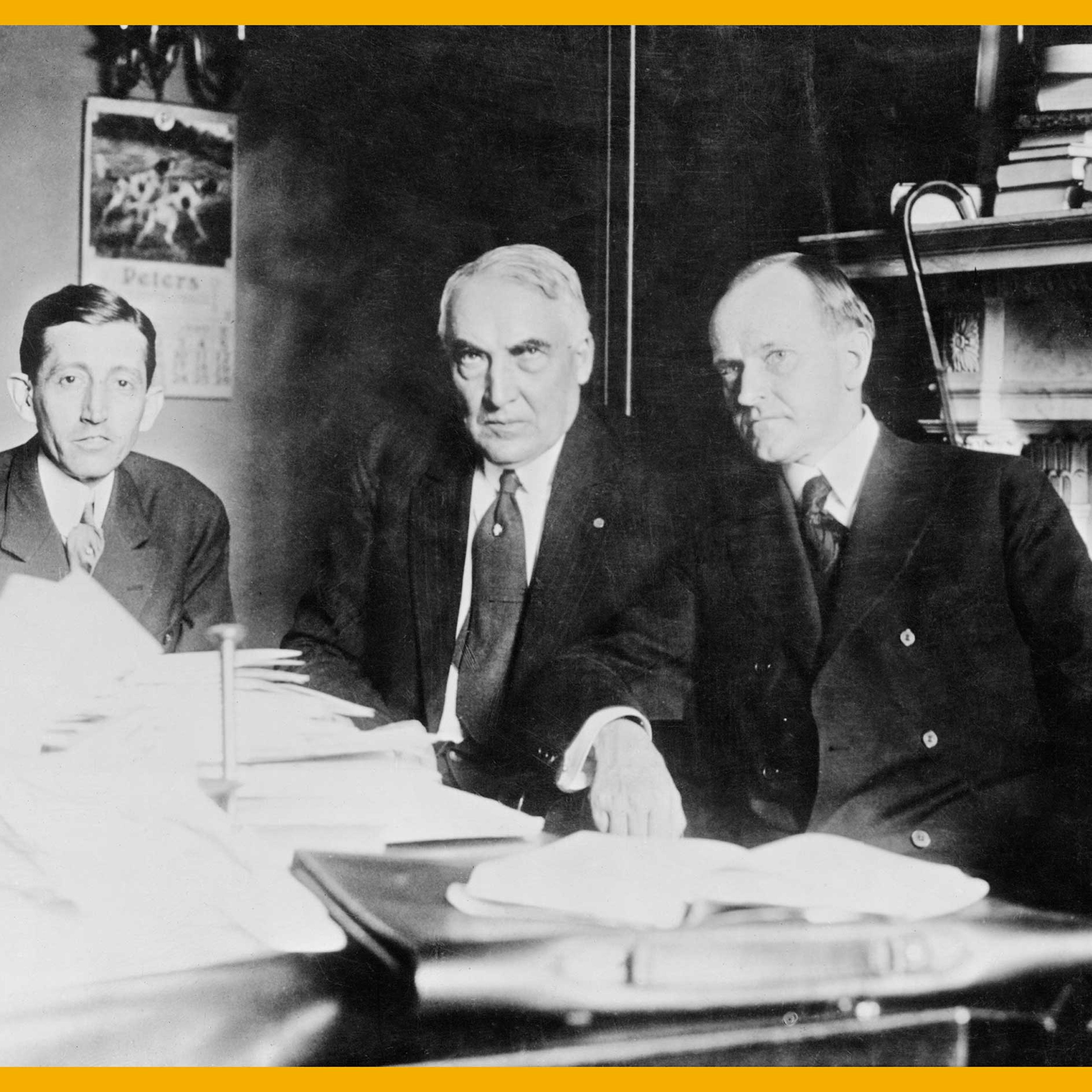 Chairman of the Republican National Committee, Will H. Hays at his first conference with Republican presidential nominee, Senator Warren G Harding, and his running mate, Governor of Massachusetts, Calvin Coolidge. Washington DC, 1920.