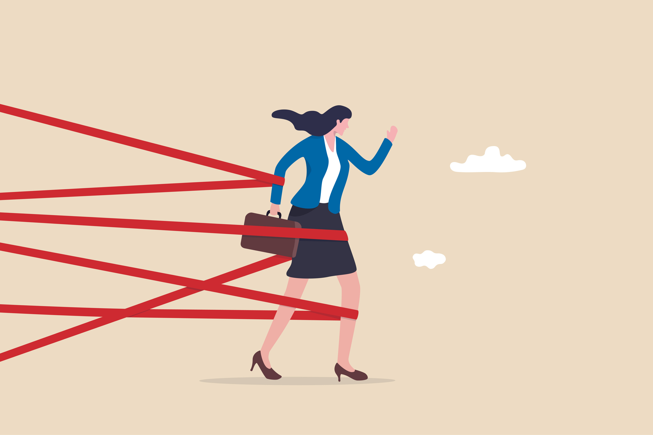 Gender barrier, woman career obstacle or inequality, limitation or discrimination, effort to overcome difficulty concept, strong businesswoman try with full effort to break red tape to growing in work