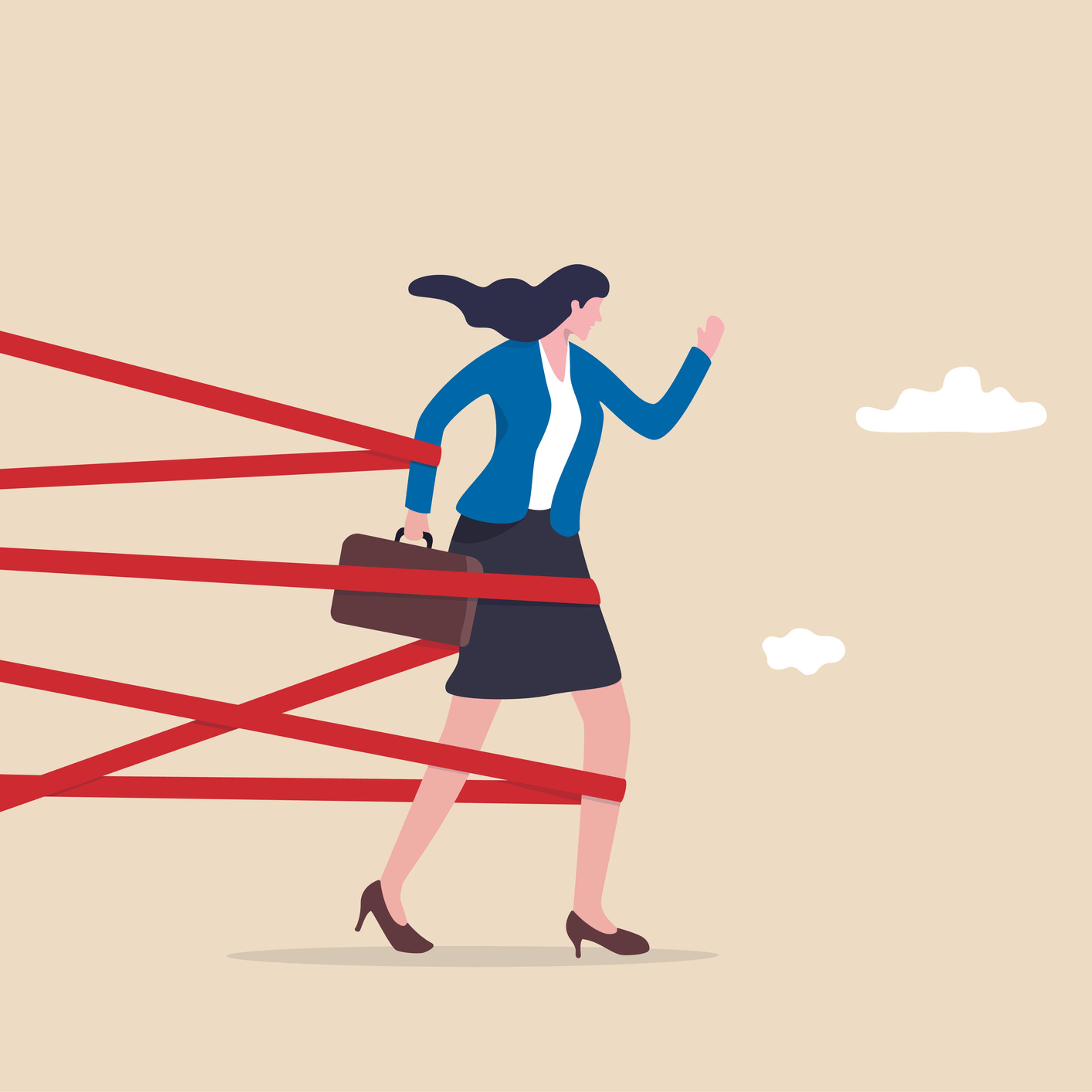 Gender barrier, woman career obstacle or inequality, limitation or discrimination, effort to overcome difficulty concept, strong businesswoman try with full effort to break red tape to growing in work
