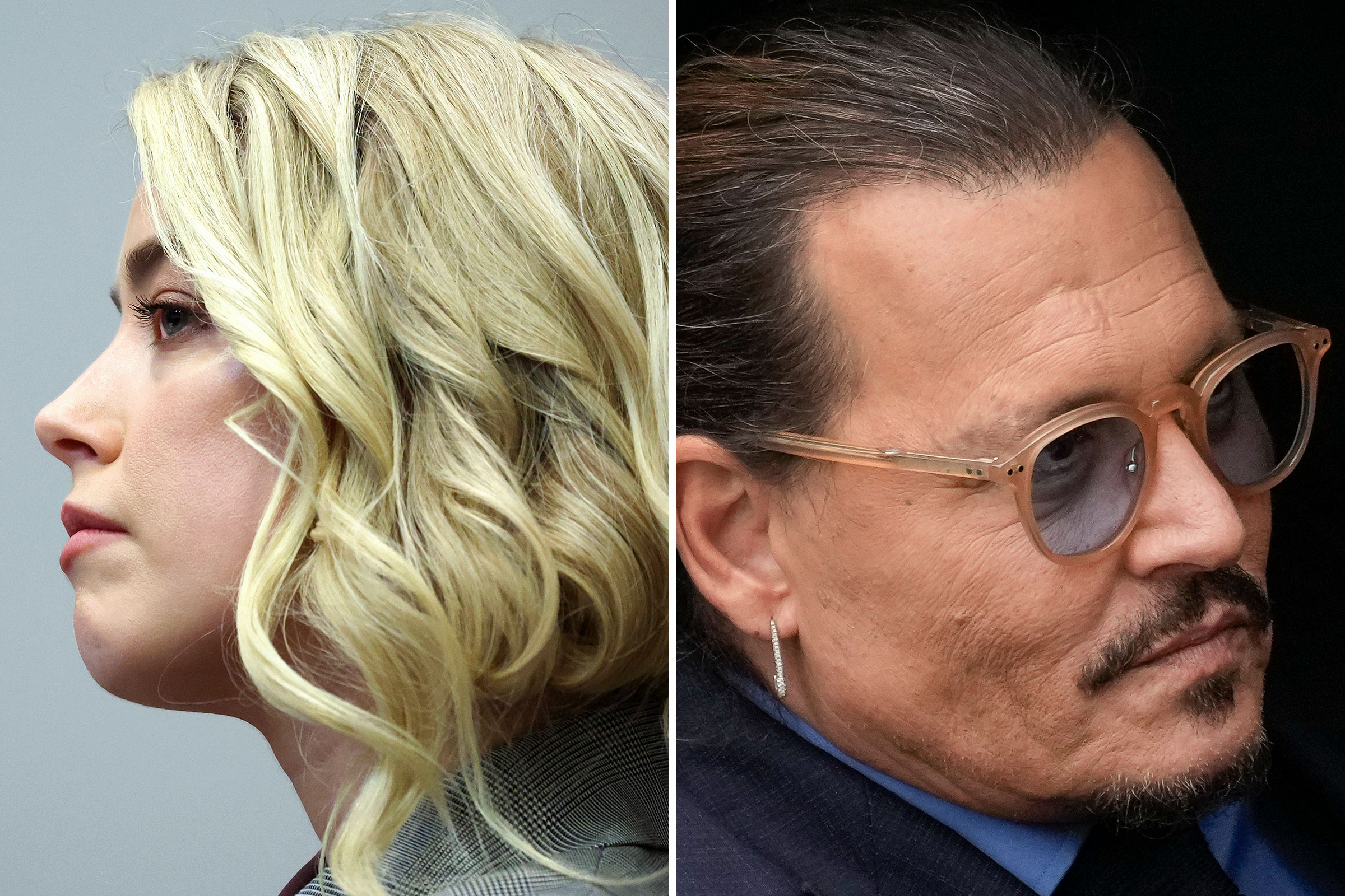 Amber Heard appears in the courtroom in the Fairfax County Circuit Courthouse in Fairfax, Va., May 26; Johnny Depp sits in his vehicle as he departs the Fairfax County Courthouse on May 27
