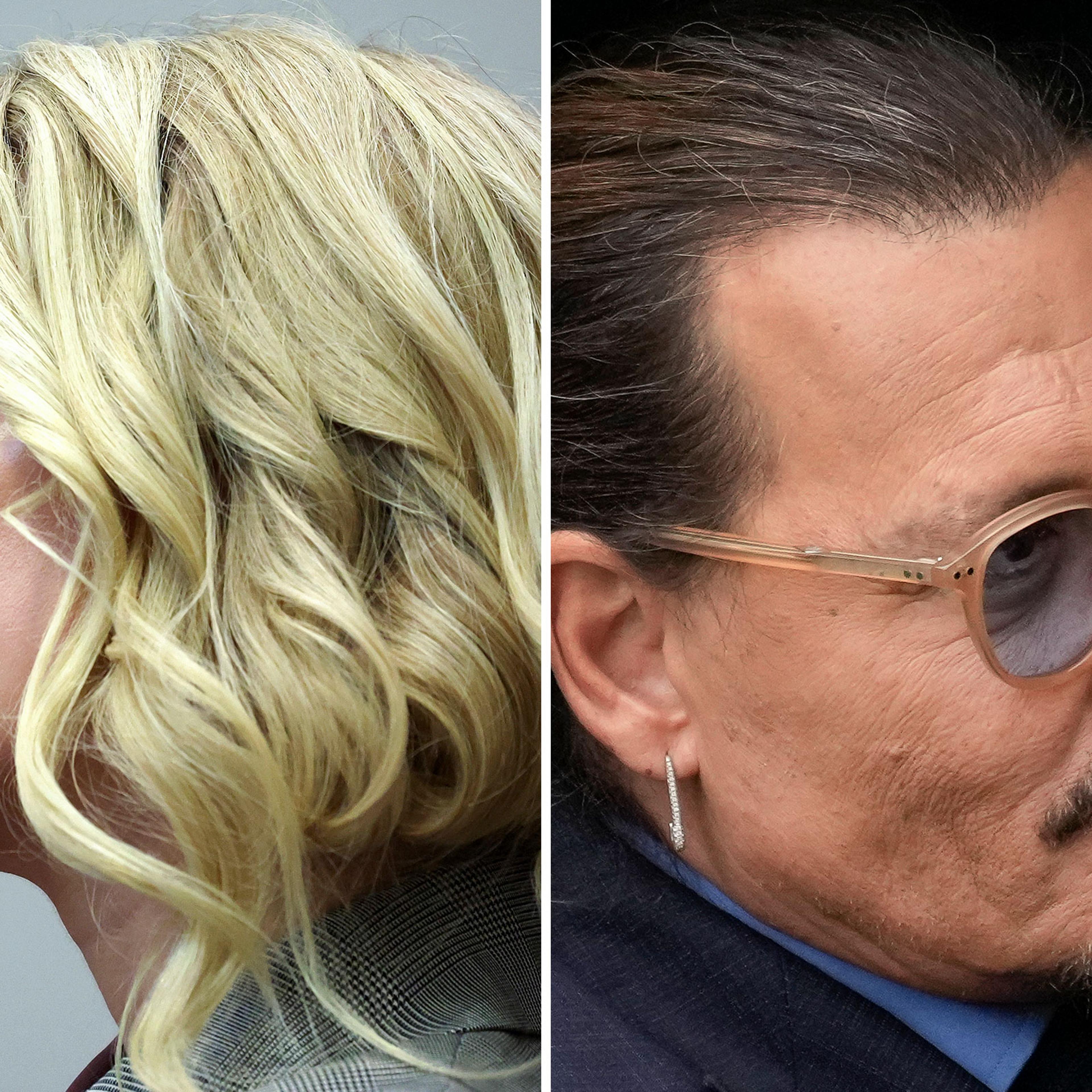 Amber Heard appears in the courtroom in the Fairfax County Circuit Courthouse in Fairfax, Va., May 26; Johnny Depp sits in his vehicle as he departs the Fairfax County Courthouse on May 27