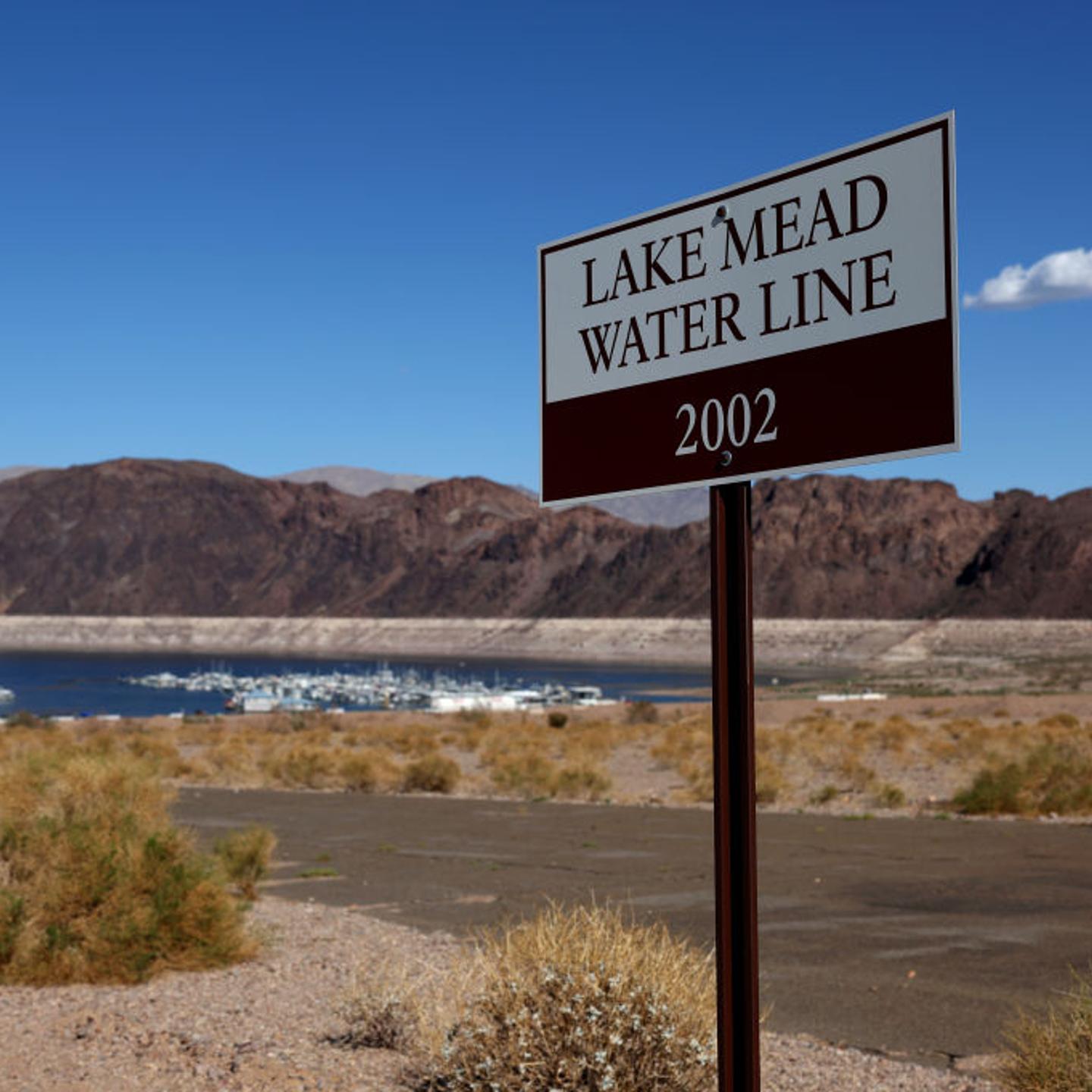 A sign showing where Lake Mead water levels were in 2002 is posted near the Lake Mead Marina in Nevada on Aug. 19. Lake Mead is at its lowest level since being filled in the 1930s following the construction of the Hoover Dam.