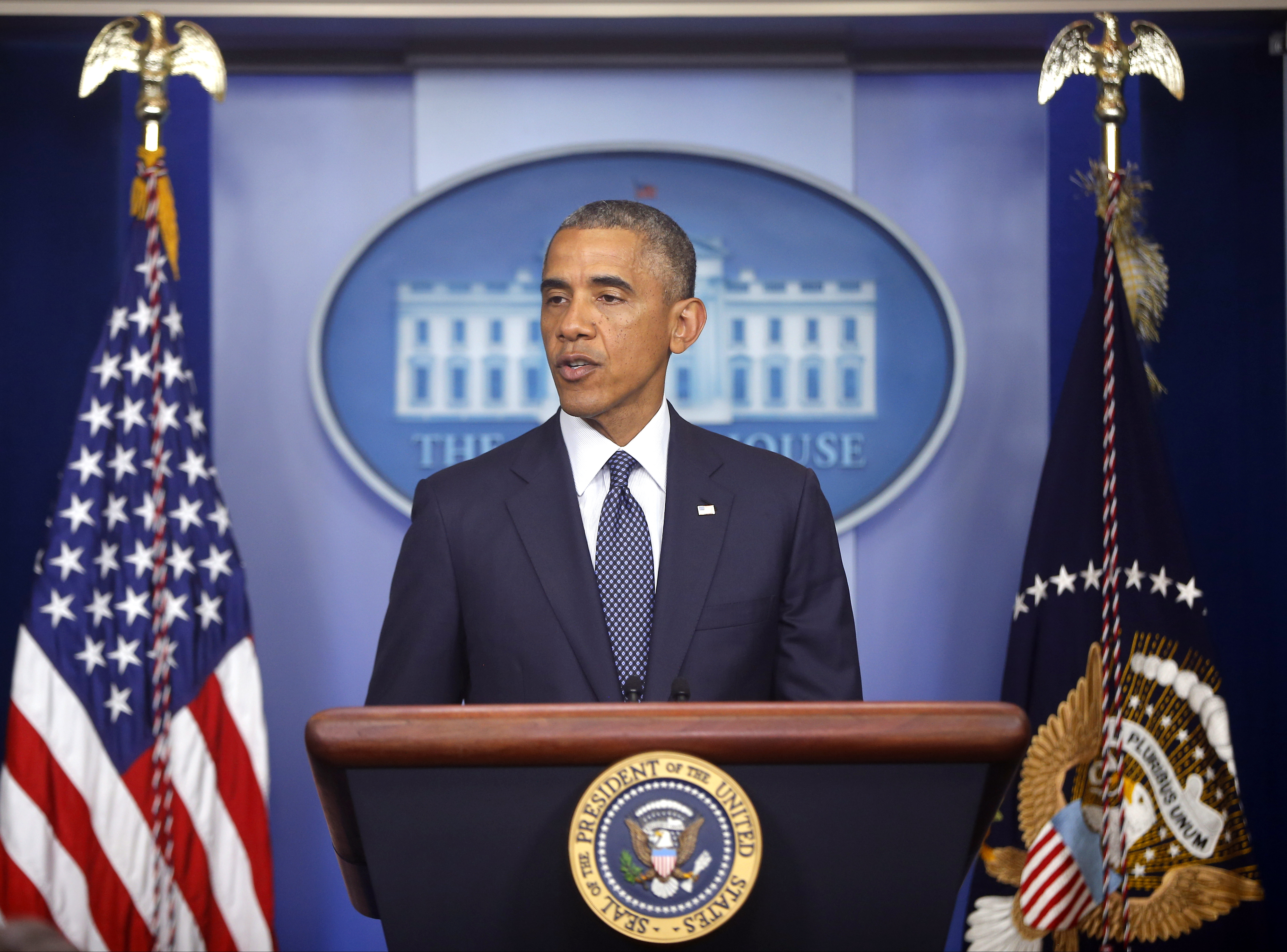 President Barack Obama speaks about foreign policy and escalating sanctions against Russia in response to the crisis in Ukraine in the James Brady Press Briefing Room at the White House in Washington DC, on July 16, 2014.