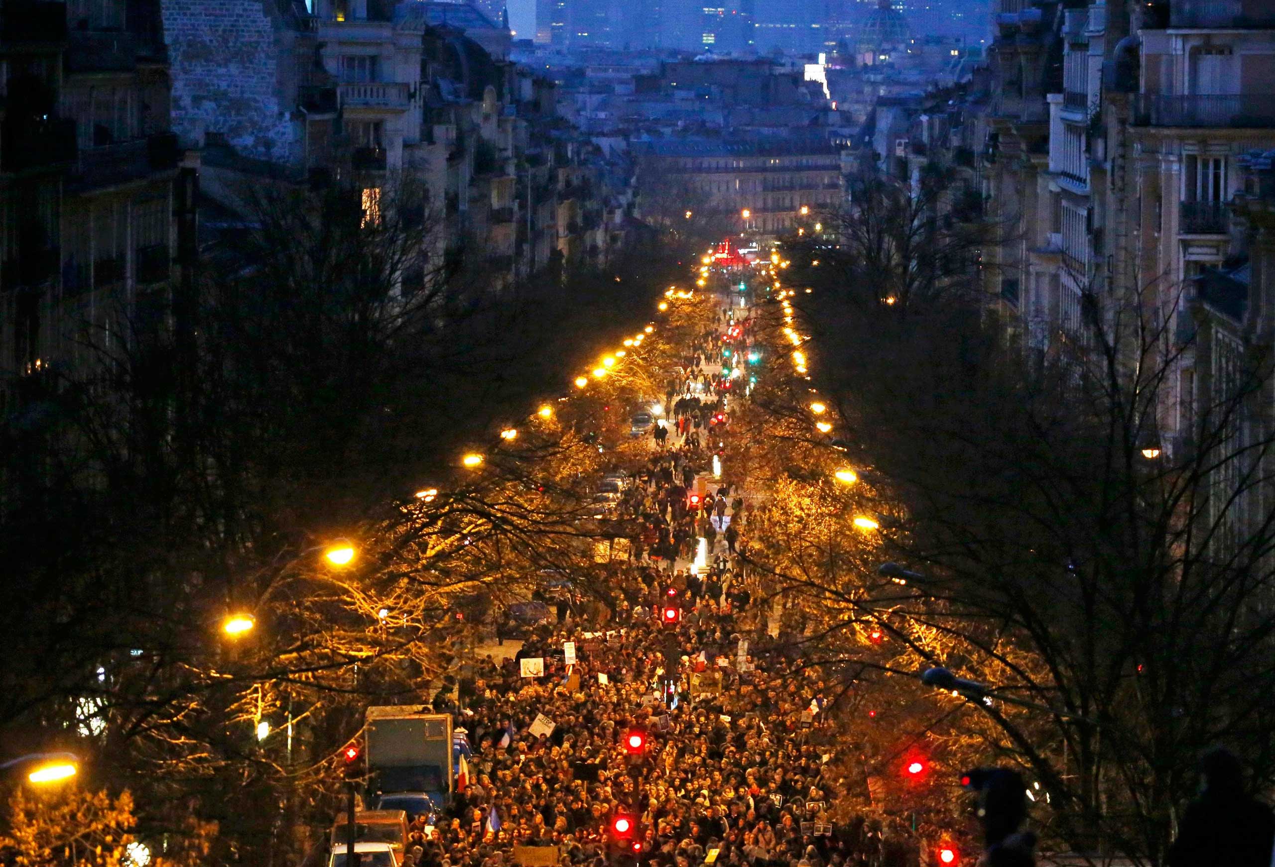 A general view shows hundreds of thousands of French citizens taking part in a solidarity march in the streets of Paris, Jan. 11, 2015.