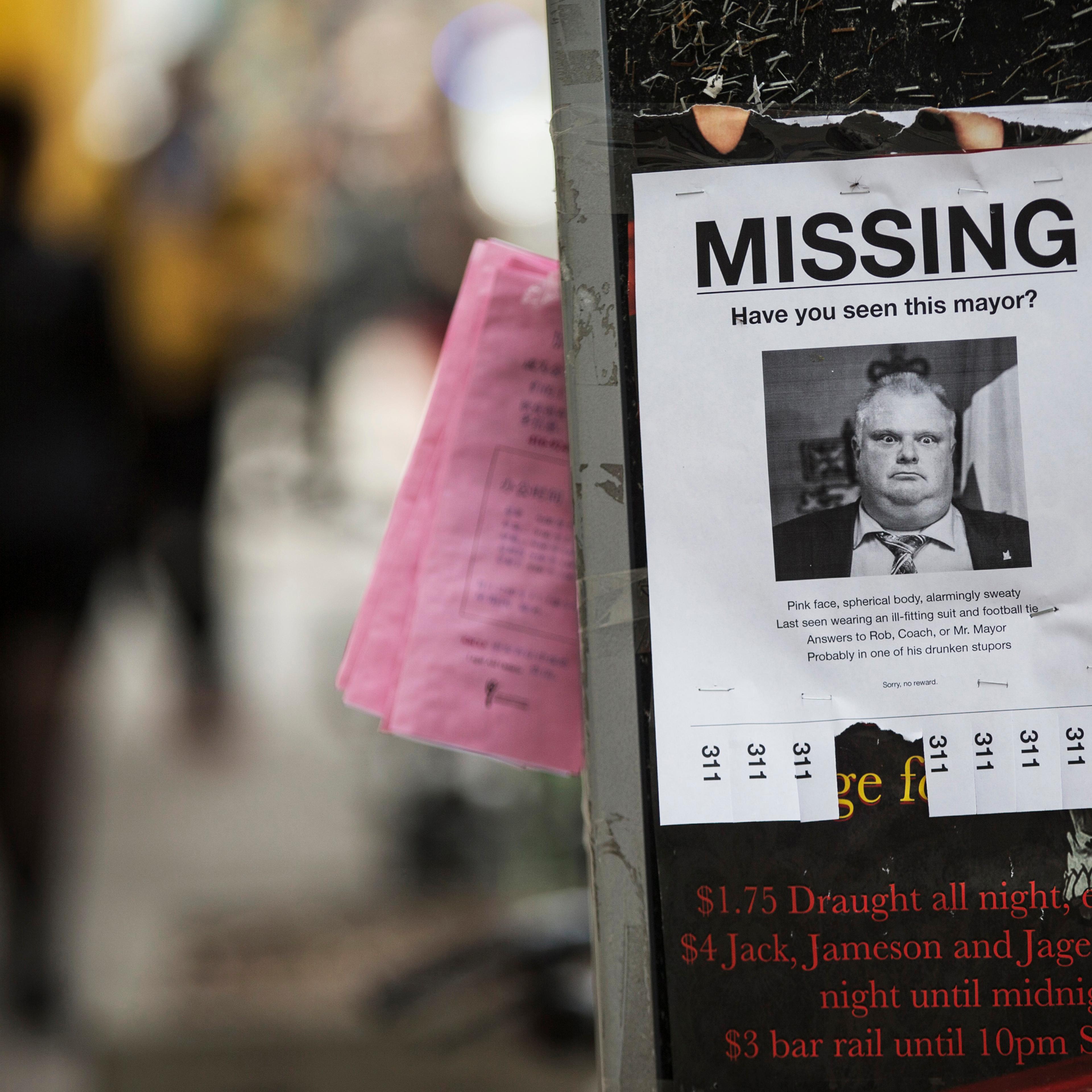 A mock "missing persons" poster with a picture of Toronto Mayor Ford is seen in Toronto