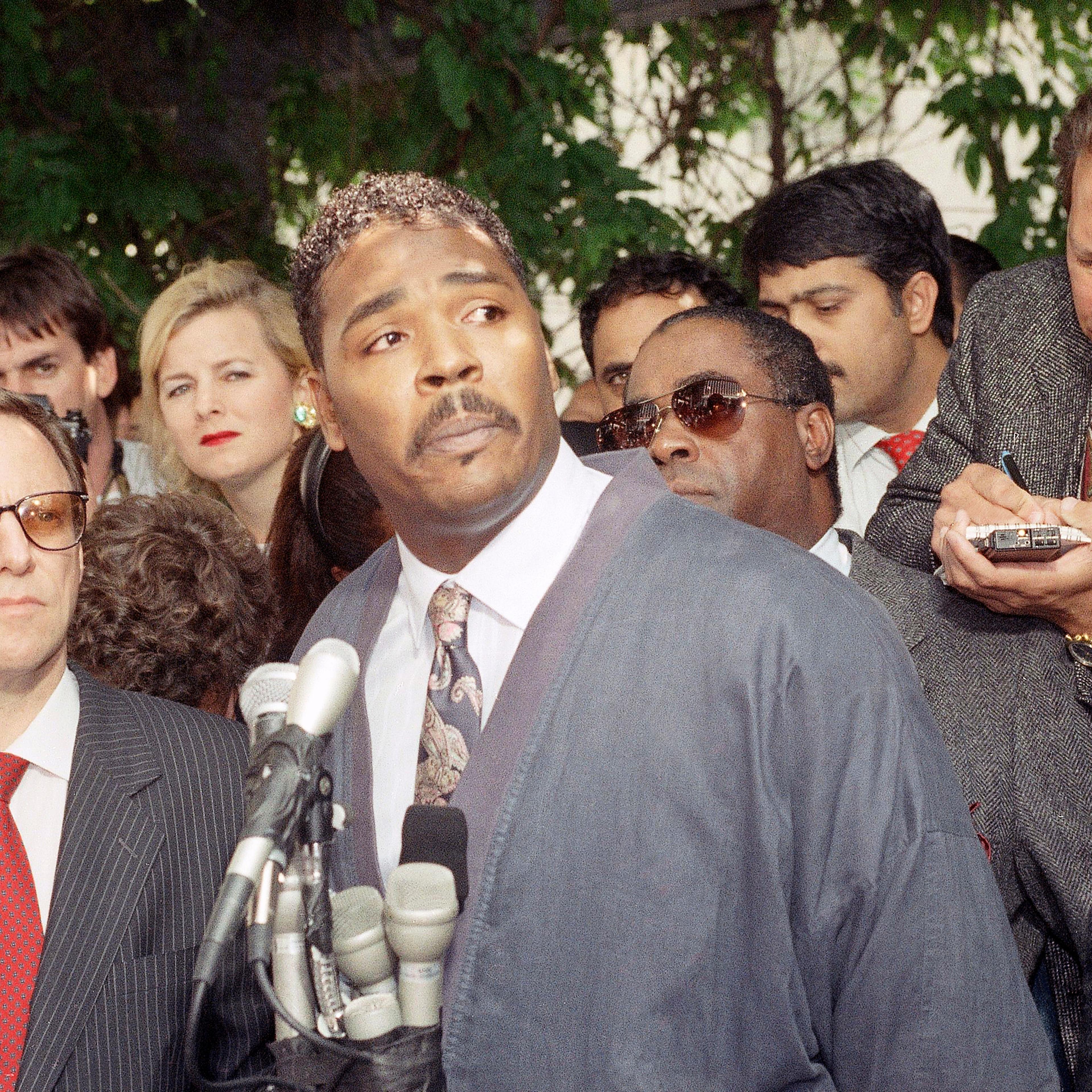 Rodney King makes a statement at a Los Angeles news conference on May 1, 1992. King was the black motorist whose 1991 videotaped beating by Los Angeles police officers was the touchstone for one of the most destructive race riots in the nation's history.