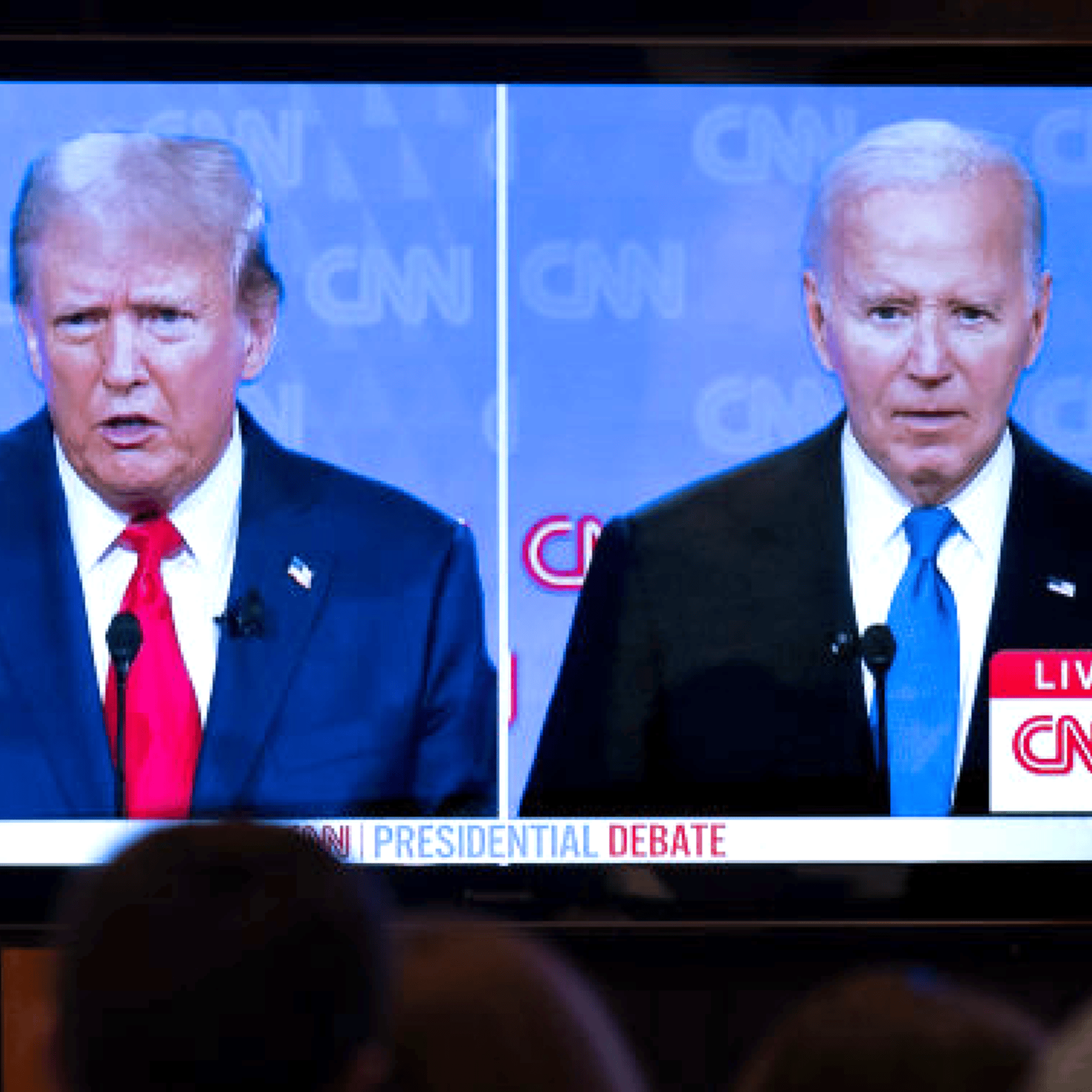 President Joe Biden and presumptive Republican nominee former President Donald Trump battled it out during the first presidential debate on June 27, 2024. Pictured here is a viewing of the debate in Chicago, Illinois.
