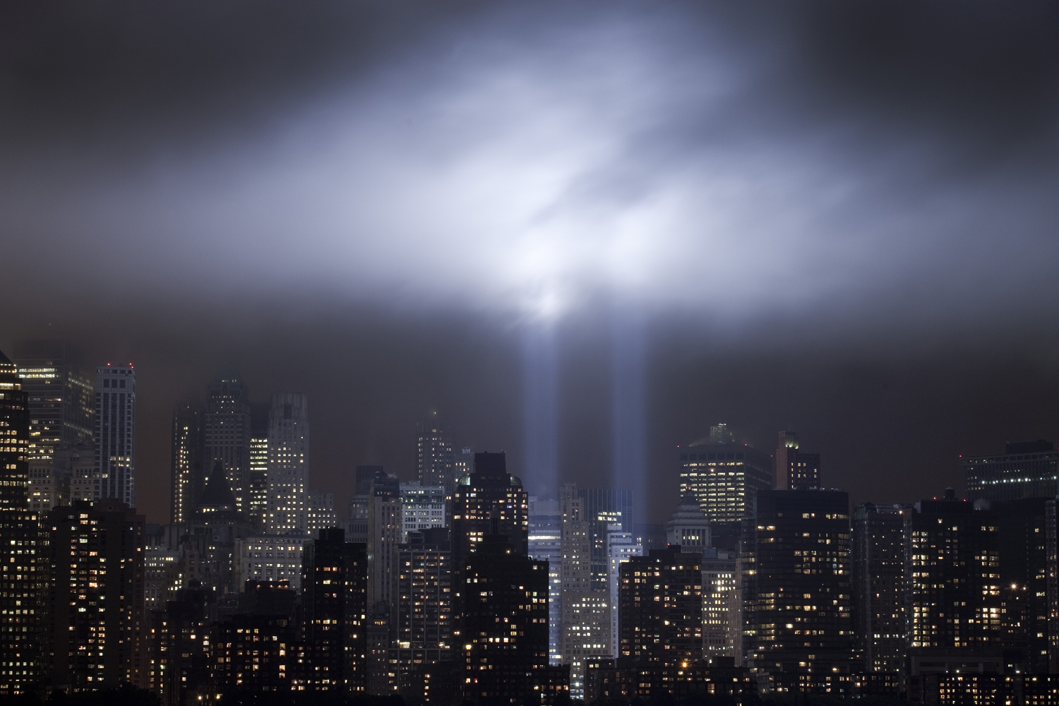 September 6, 2011. A test of the Tribute in Light rises above lower Manhattan, in New York. The memorial, sponsored by the Municipal Art Society, will light the sky on the evening of Sept. 11, 2011 in honor of those who died 10 years before in the terror attacks on the United States. 