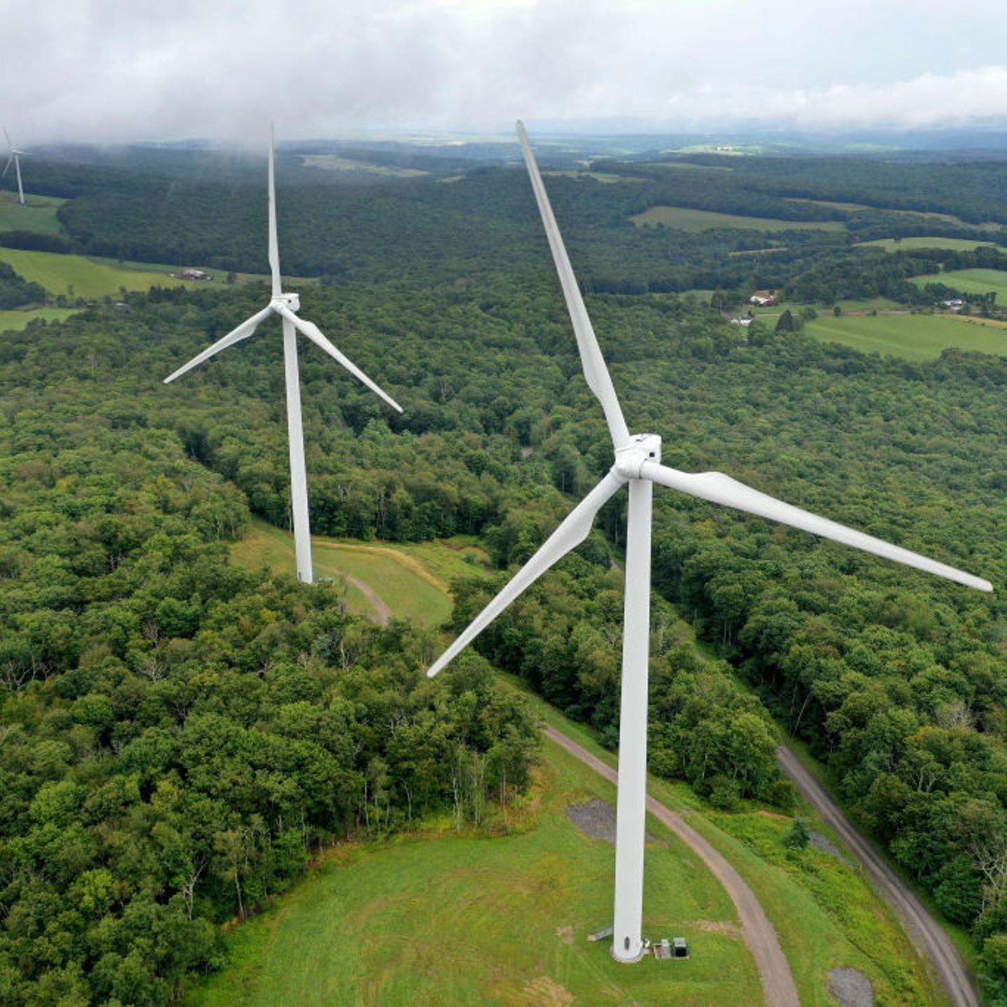 Turbines that are part of Constellation Energy's Criterion Wind Project stand in a row along the top of Backbone Mountain on Aug. 22, 2022 in Oakland, Maryland.