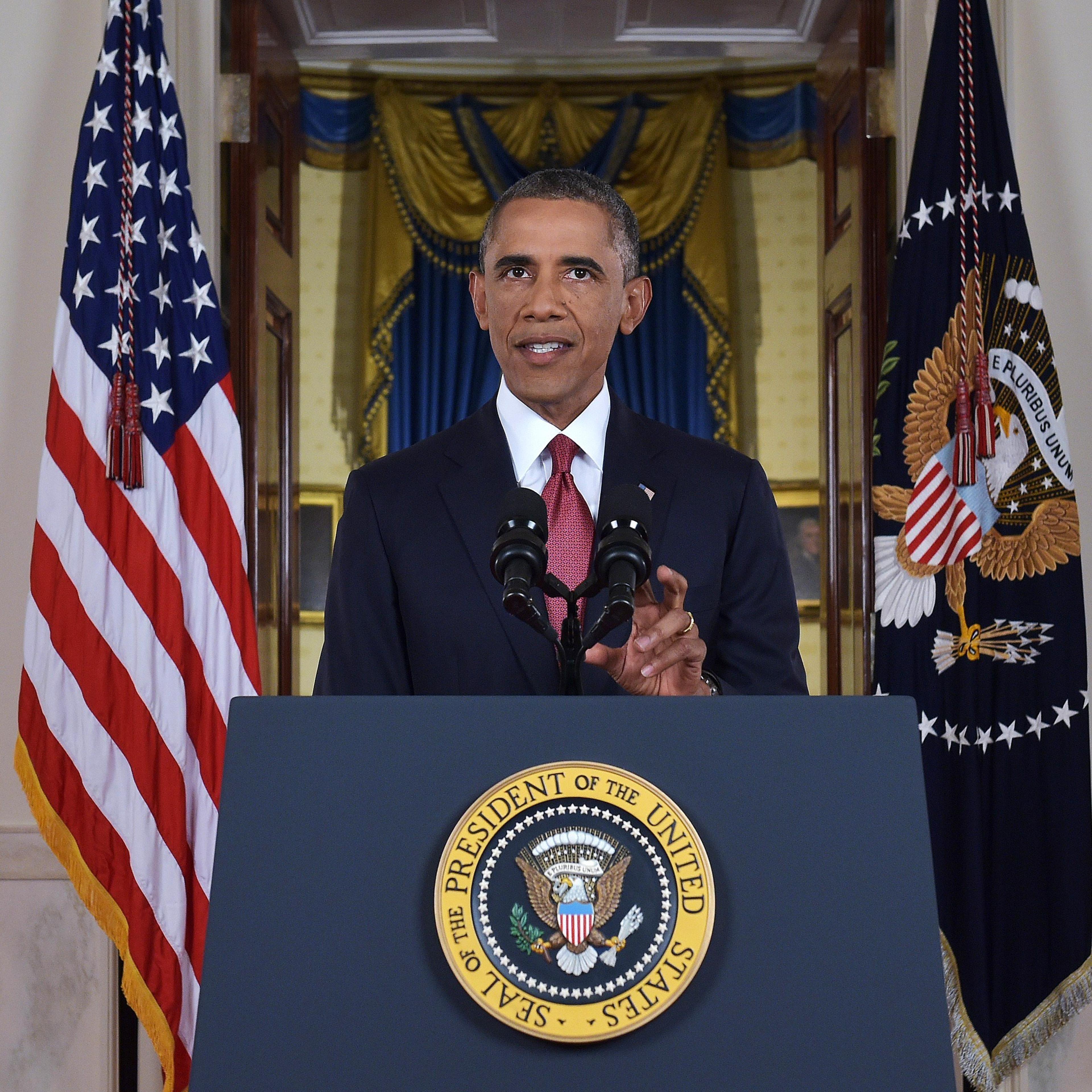 US President Barack Obama delivers a prime time address from the Cross Hall of the White House on Sept. 10, 2014 in Washington.