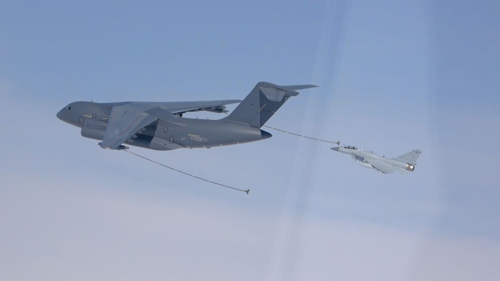This video screenshot taken on April 9, 2023 shows a warplane of the Eastern Theater Command of the Chinese People's Liberation Army PLA being refueled during the combat readiness patrol and military exercises around the Taiwan Island.