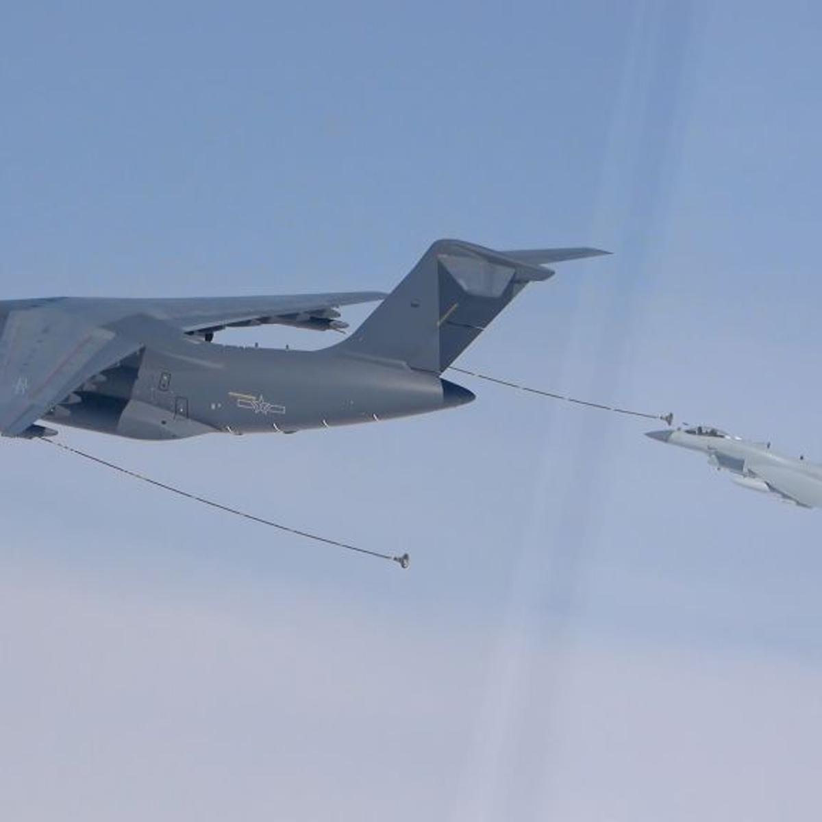 This video screenshot taken on April 9, 2023 shows a warplane of the Eastern Theater Command of the Chinese People's Liberation Army PLA being refueled during the combat readiness patrol and military exercises around the Taiwan Island.