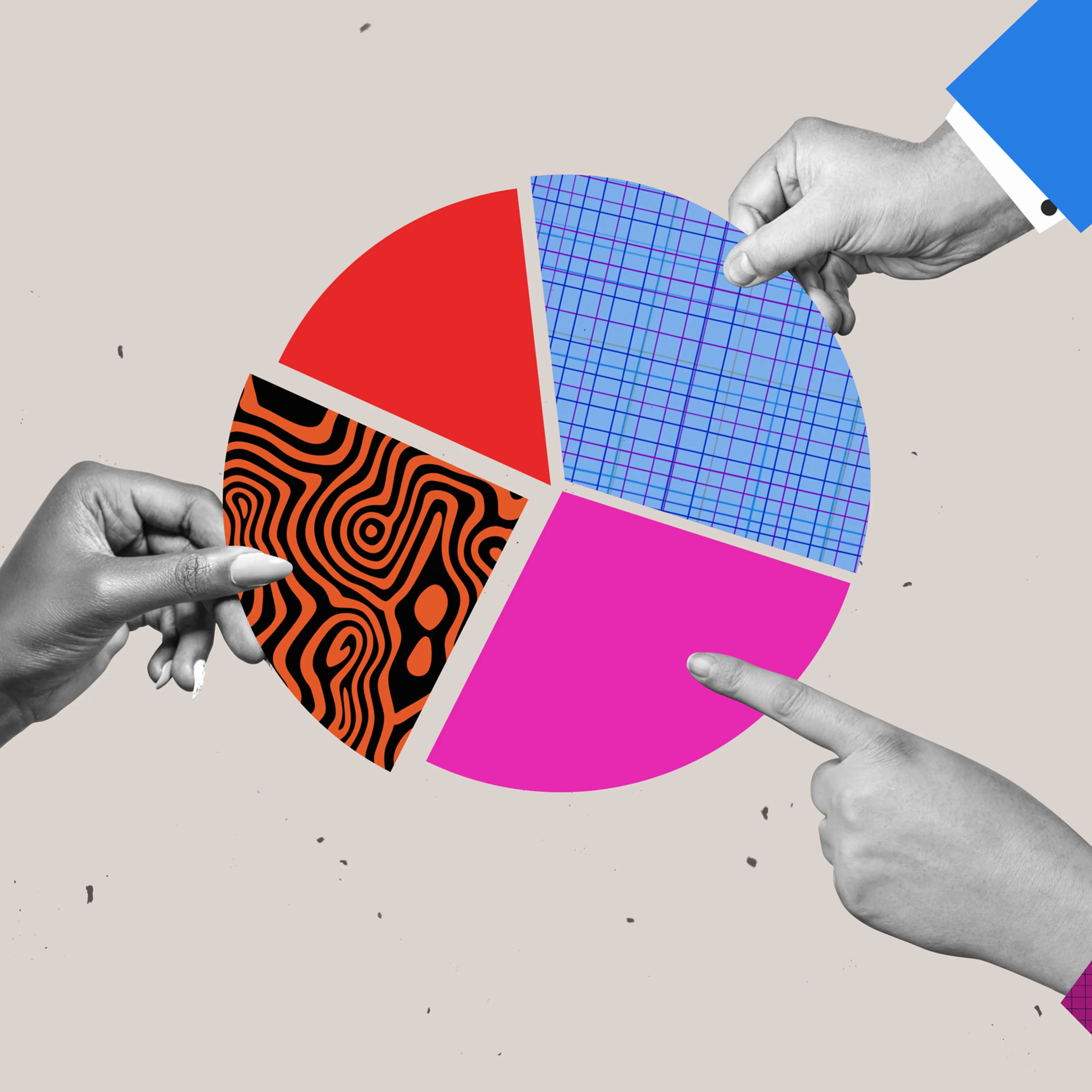 Human hands symbolizing teamwork working on a pie chart. Arms point fingers hold pieces diagram chart.