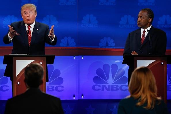 The Republican Presidential Debate: Your Money, Your Vote -- Pictured: (l-r) Donald Trump and Ben Carson participate in CNBC's "Your Money, Your Vote: The Republican Presidential Debate" live from the University of Colorado Boulder in Boulder, Colorado W