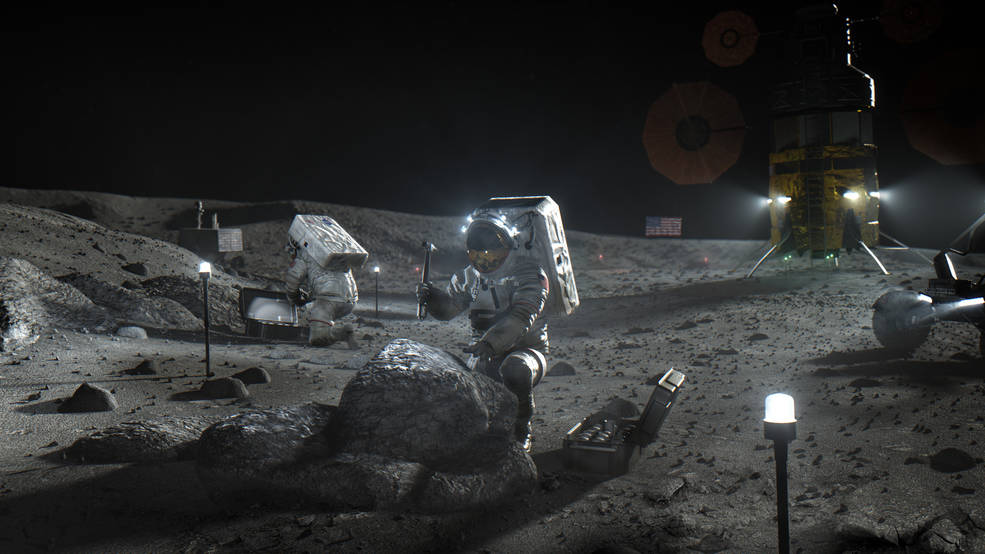NASA rendering of a return to the moon. The lander in the background is imagined and generic—showing no favoritism to any of the three contending companies.