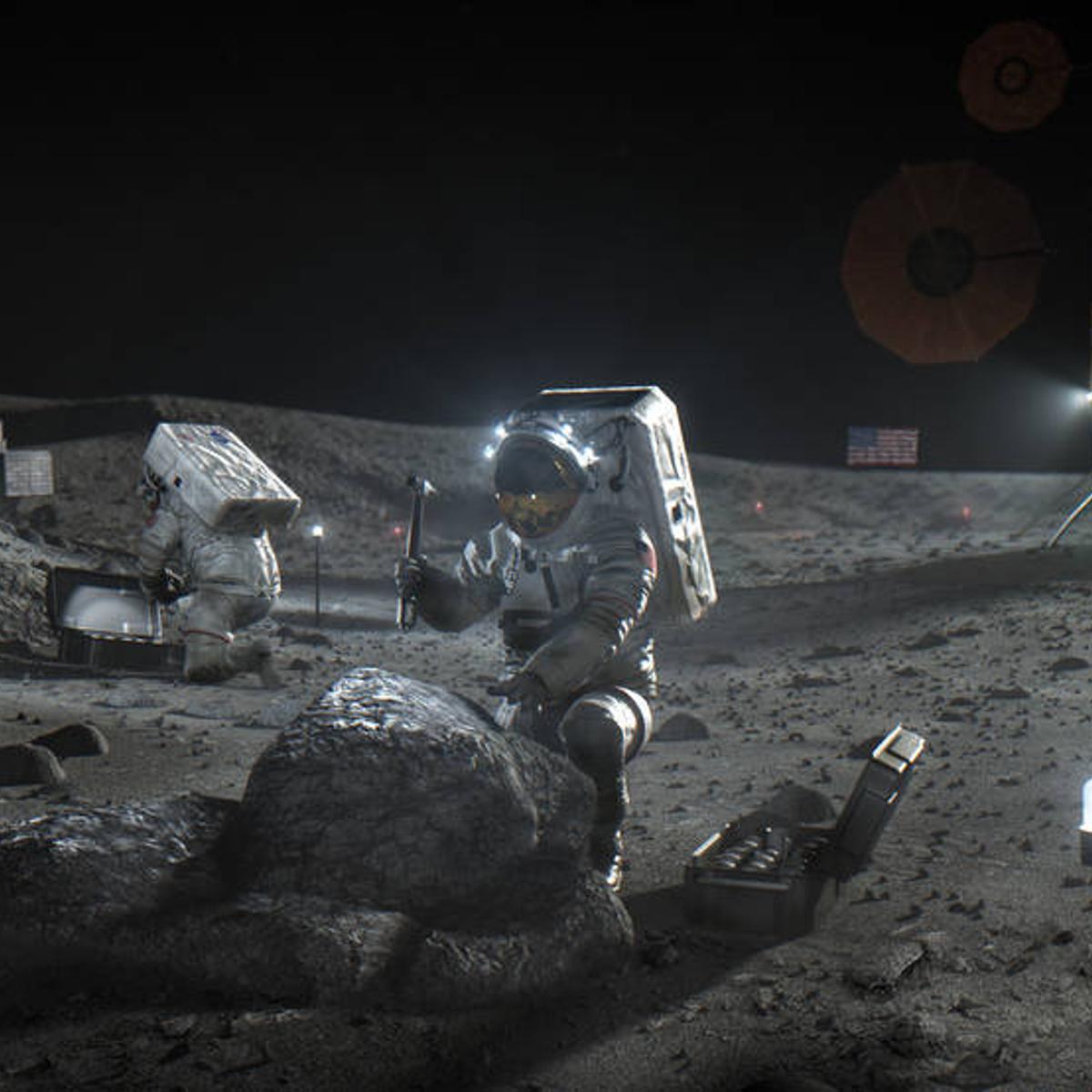 NASA rendering of a return to the moon. The lander in the background is imagined and generic—showing no favoritism to any of the three contending companies.
