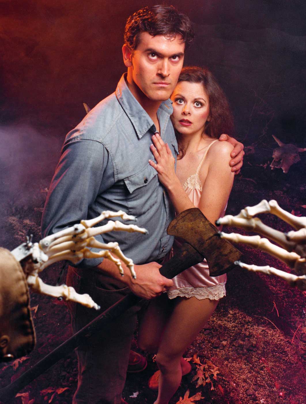 Bruce Campbell and Theresa Tilly in the 1981 film <i>The Evil Dead</i>