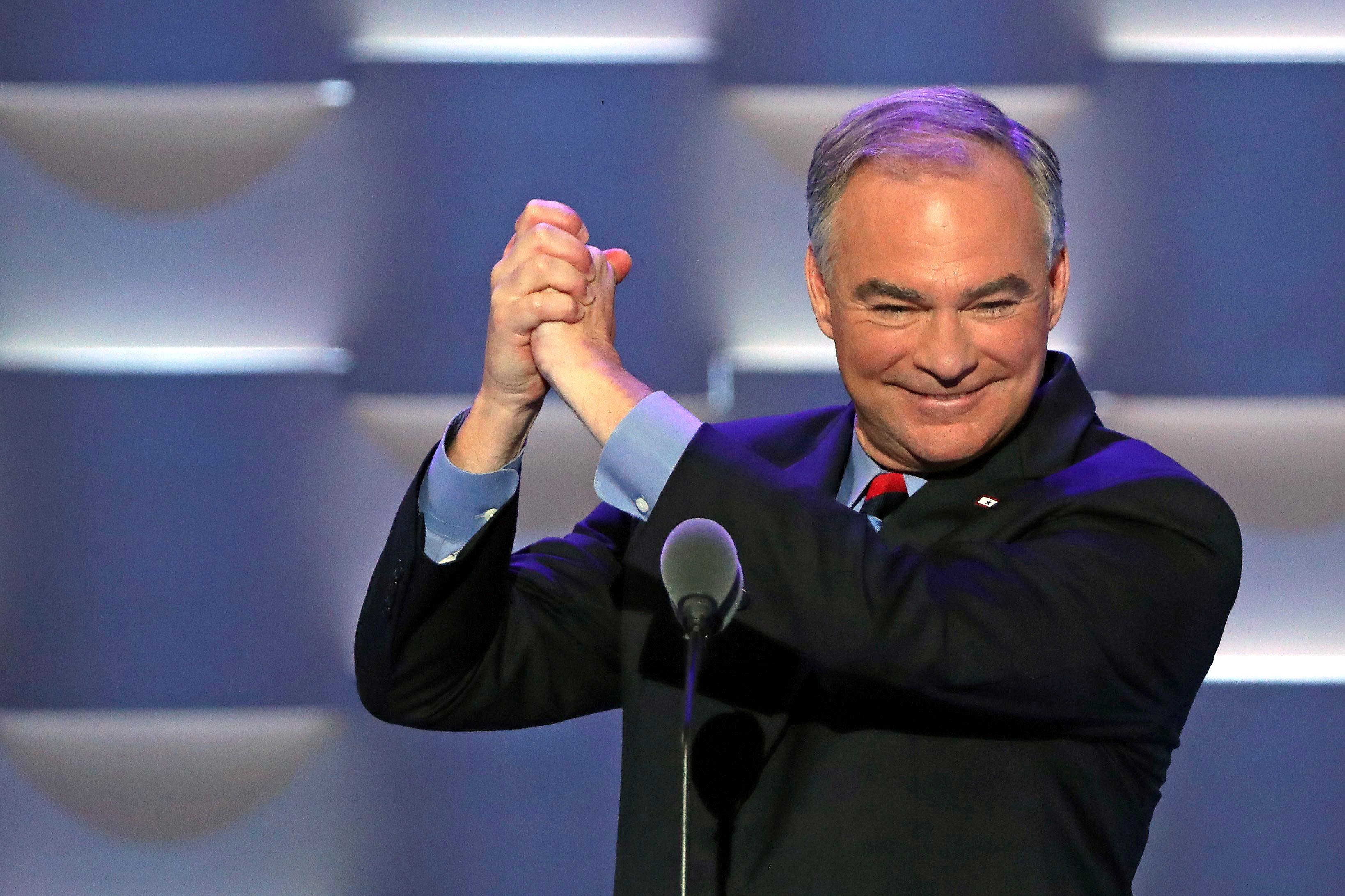 Vice Presidential nominee Tim Kaine acknowledges the crowd on the third day of the Democratic National Convention at the Wells Fargo Center, July 27, 2016 in Philadelphia.