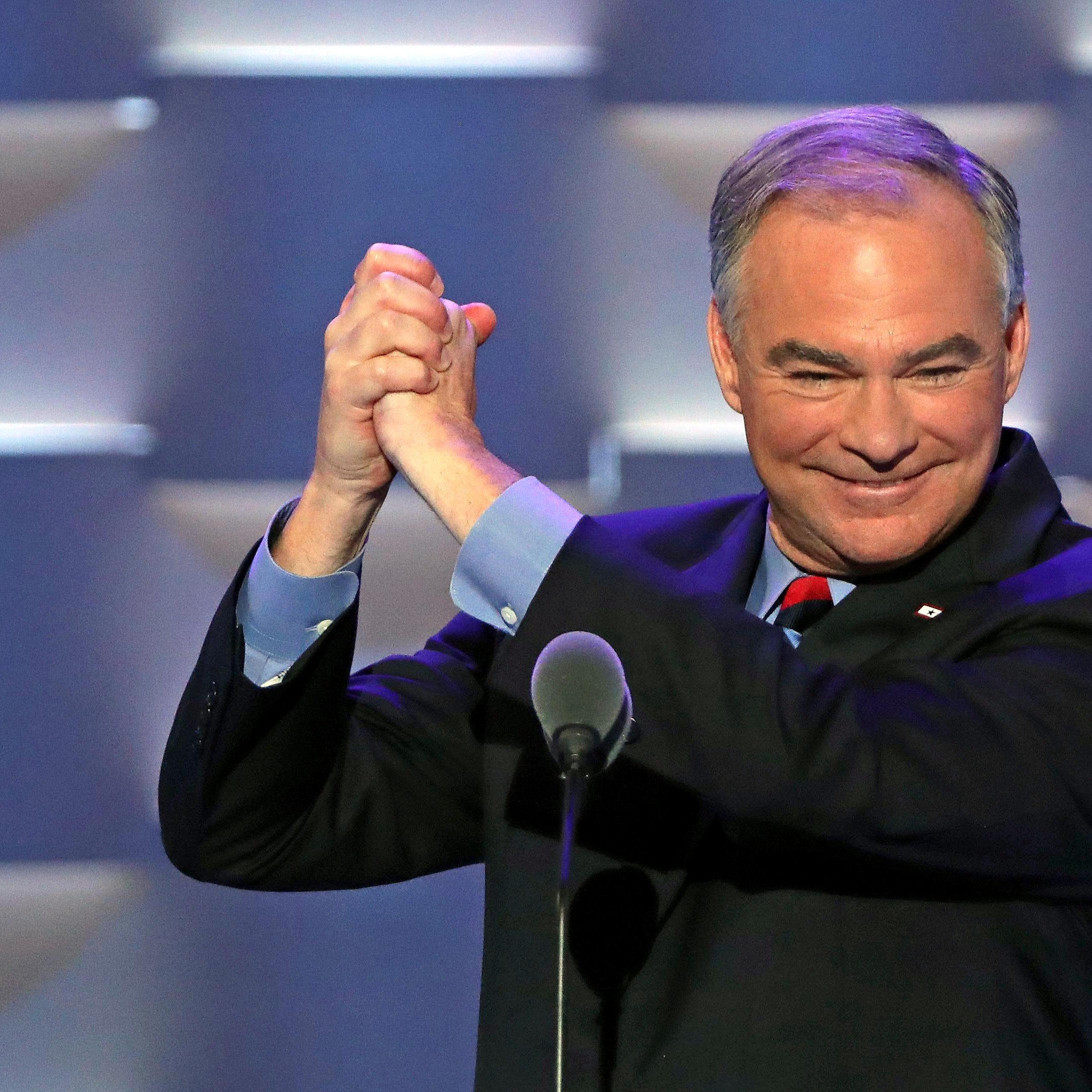 Vice Presidential nominee Tim Kaine acknowledges the crowd on the third day of the Democratic National Convention at the Wells Fargo Center, July 27, 2016 in Philadelphia.