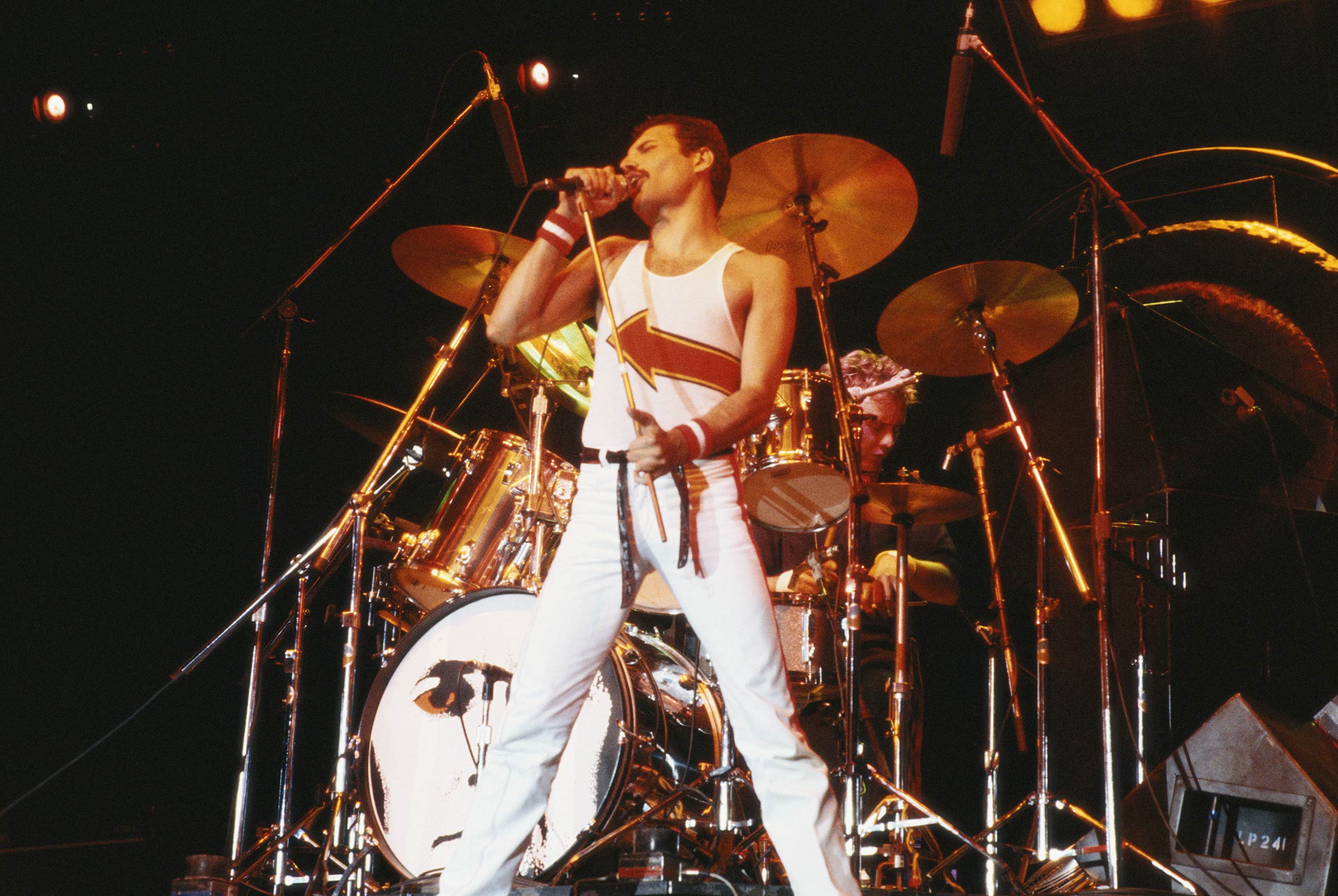 Queen singer Freddie Mercury performing at the band's concert at the National Bowl in Milton Keynes, England, on Jun. 5, 1982. 