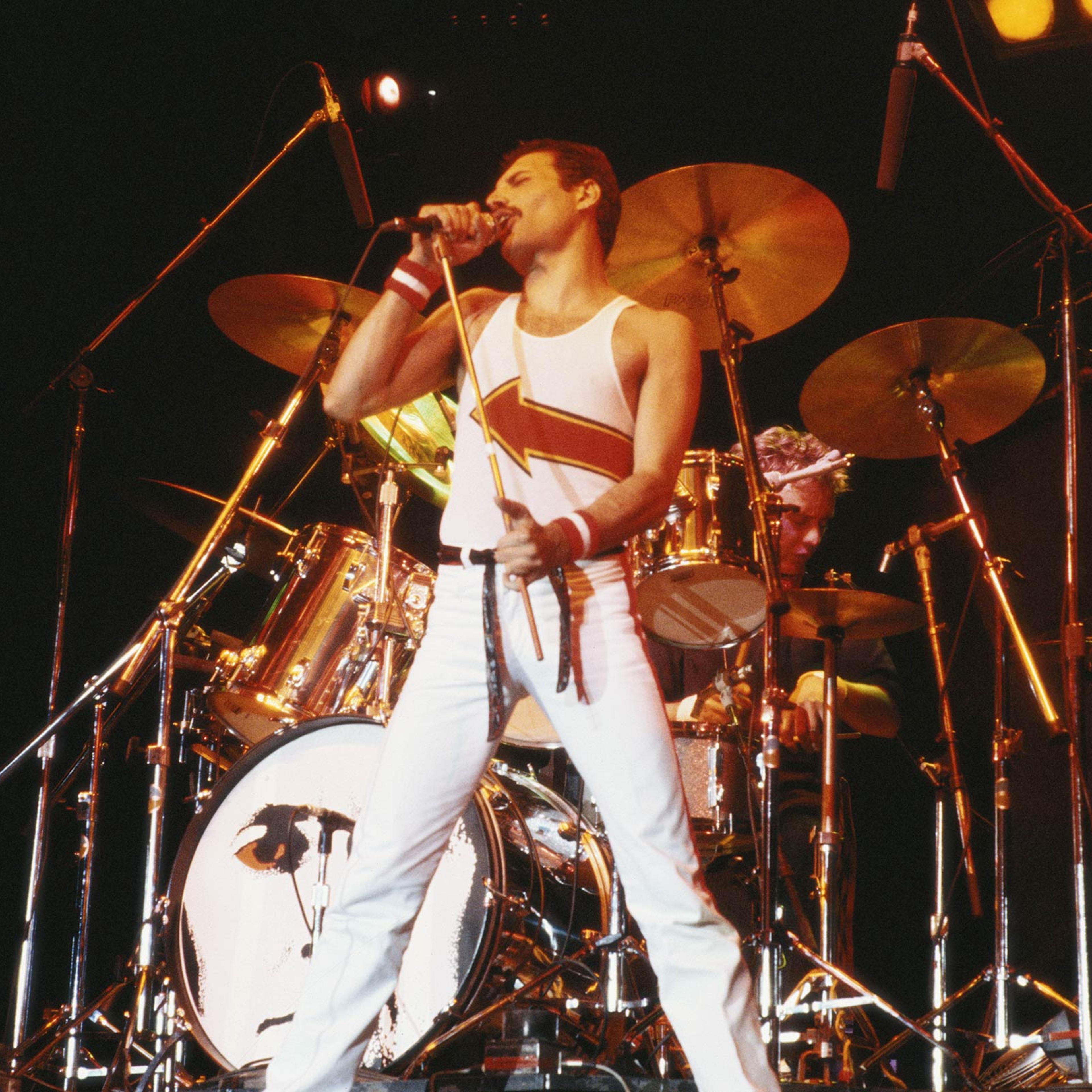 Queen singer Freddie Mercury performing at the band's concert at the National Bowl in Milton Keynes, England, on Jun. 5, 1982.