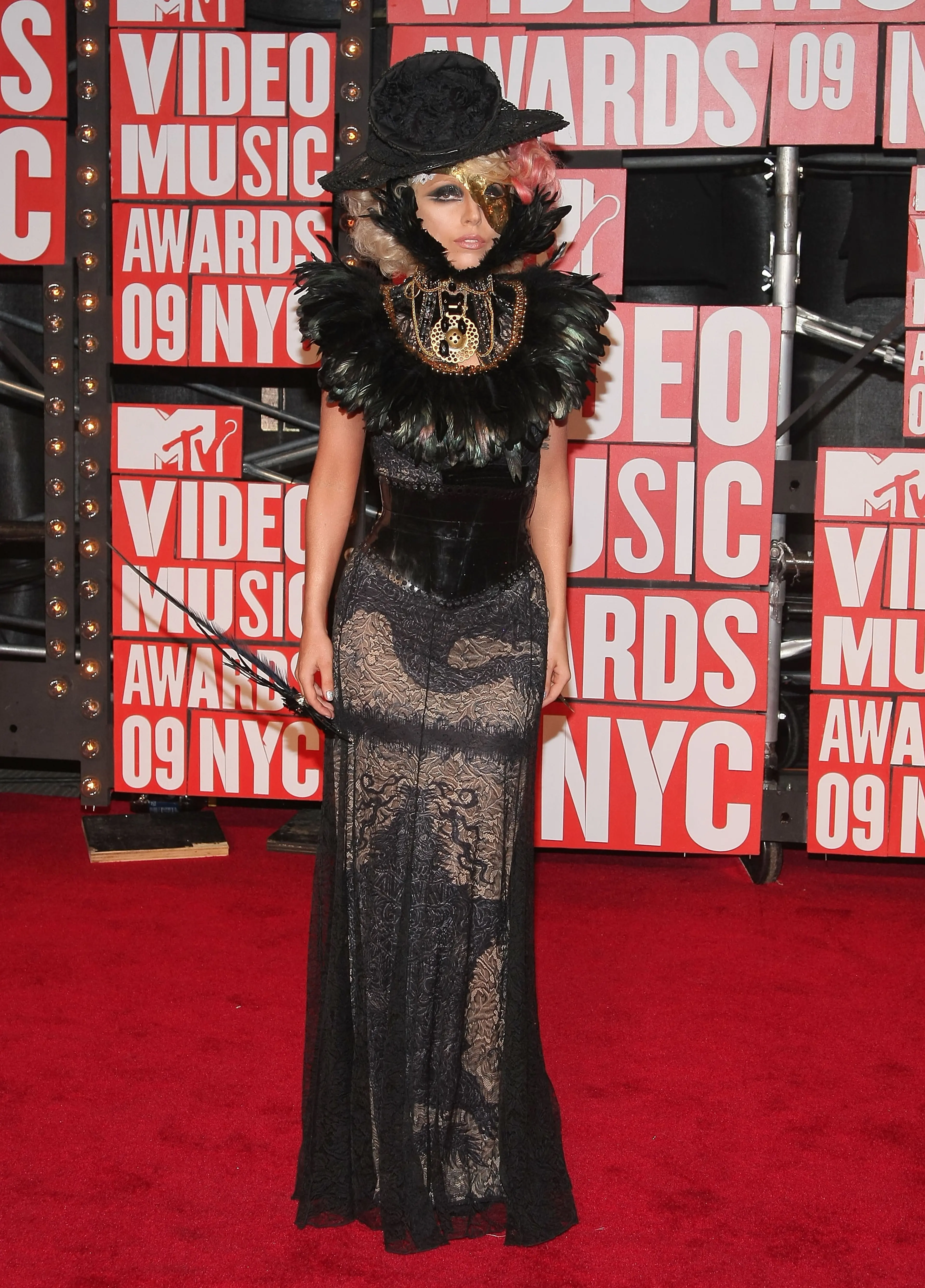 lady gaga grammys 2010 dress Lady Gaga's 2010 Grammy Awards outfit on display at Armani in New York City, USA Stock Photo