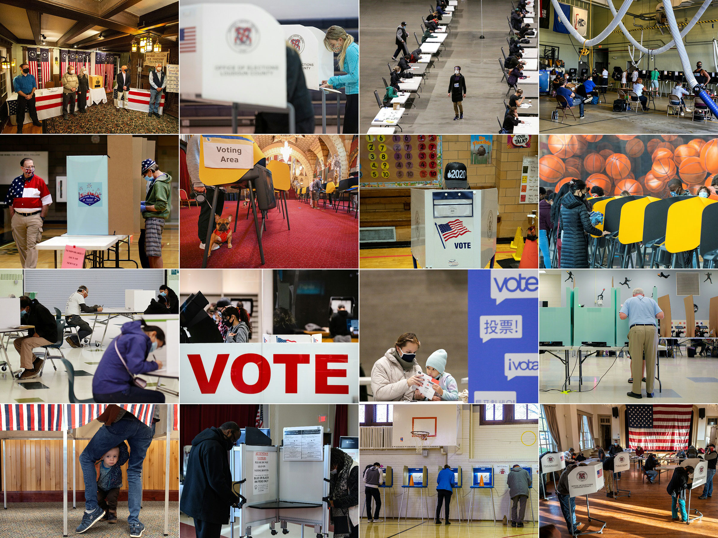 Voters in (from L-R, top to bottom): Dixville Notch, N.H.; Sterling, Va.; Seattle; Miami; Las Vegas; Los Angeles; New York City; Los Angeles; Arlington, Va.; El Paso, Texas; Seattle; Las Vegas; Granby, Colo.; Washington, DC; Minneapolis, Minn.; Hillsboro