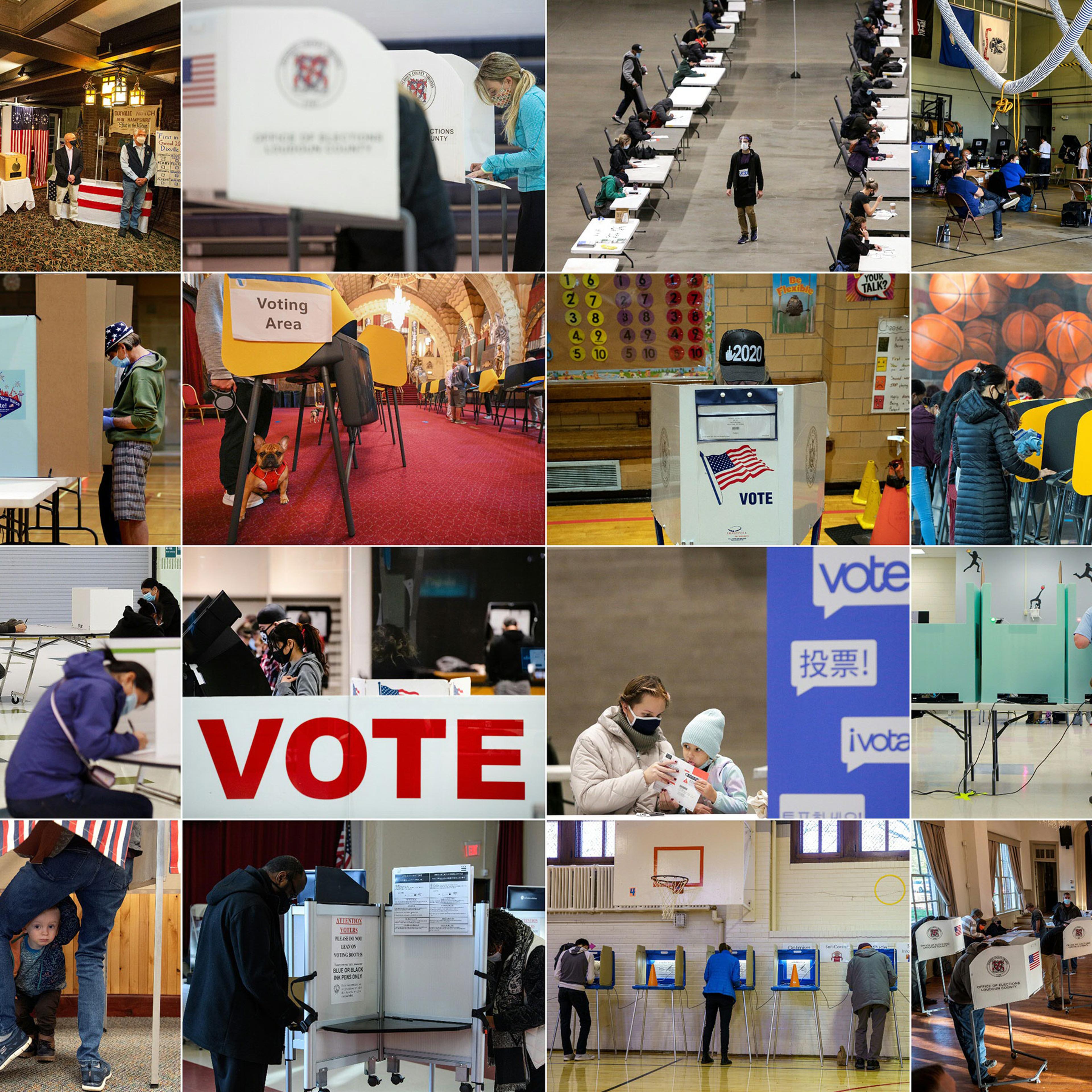 Voters in (from L-R, top to bottom): Dixville Notch, N.H.; Sterling, Va.; Seattle; Miami; Las Vegas; Los Angeles; New York City; Los Angeles; Arlington, Va.; El Paso, Texas; Seattle; Las Vegas; Granby, Colo.; Washington, DC; Minneapolis, Minn.; Hillsboro