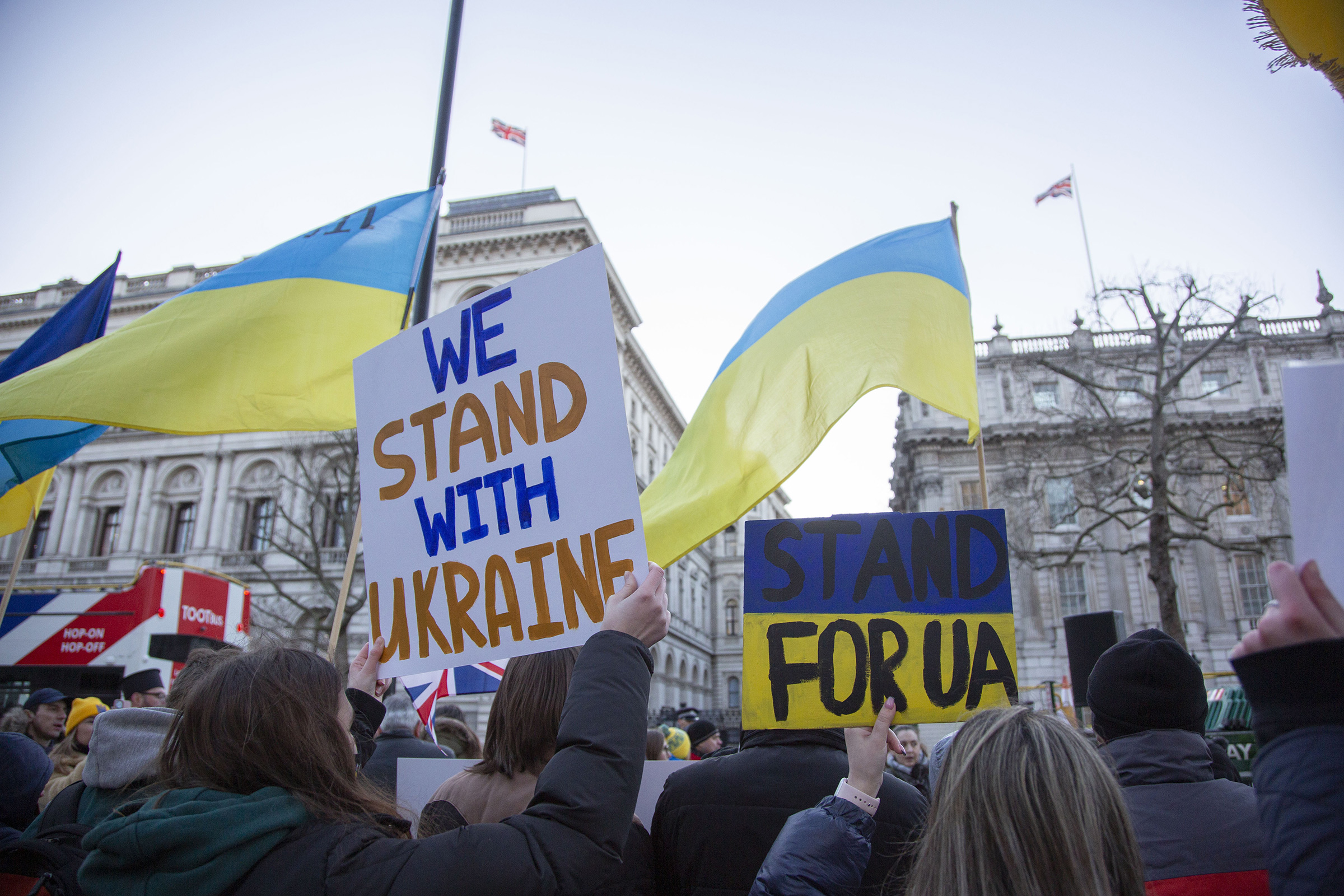 Anti-war demonstrators and Ukrainians living in the U.K., gather around 10 Downing Street in London to protest against Russia's military operation in Ukraine, on Feb. 24, 2022.