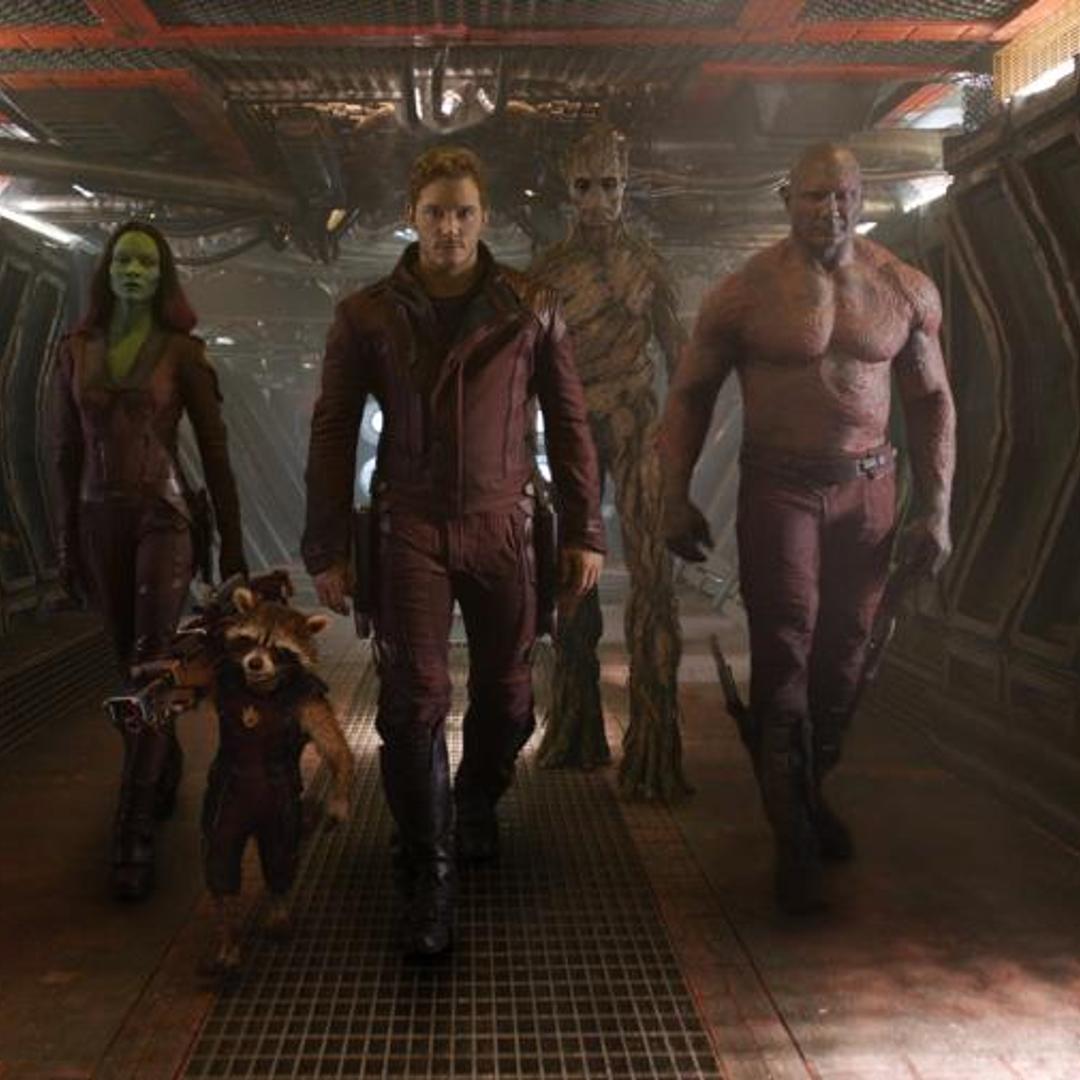 Marvel's Guardians Of The GalaxyL to R: Gamora (Zoe Saldana), Rocket Racoon (voiced by Bradley Cooper), Peter Quill/Star-Lord (Chris Pratt), Groot (voiced by Vin Diesel) and Drax the Destroyer (Dave Bautista)Ph: Film Frame©Marvel 2014