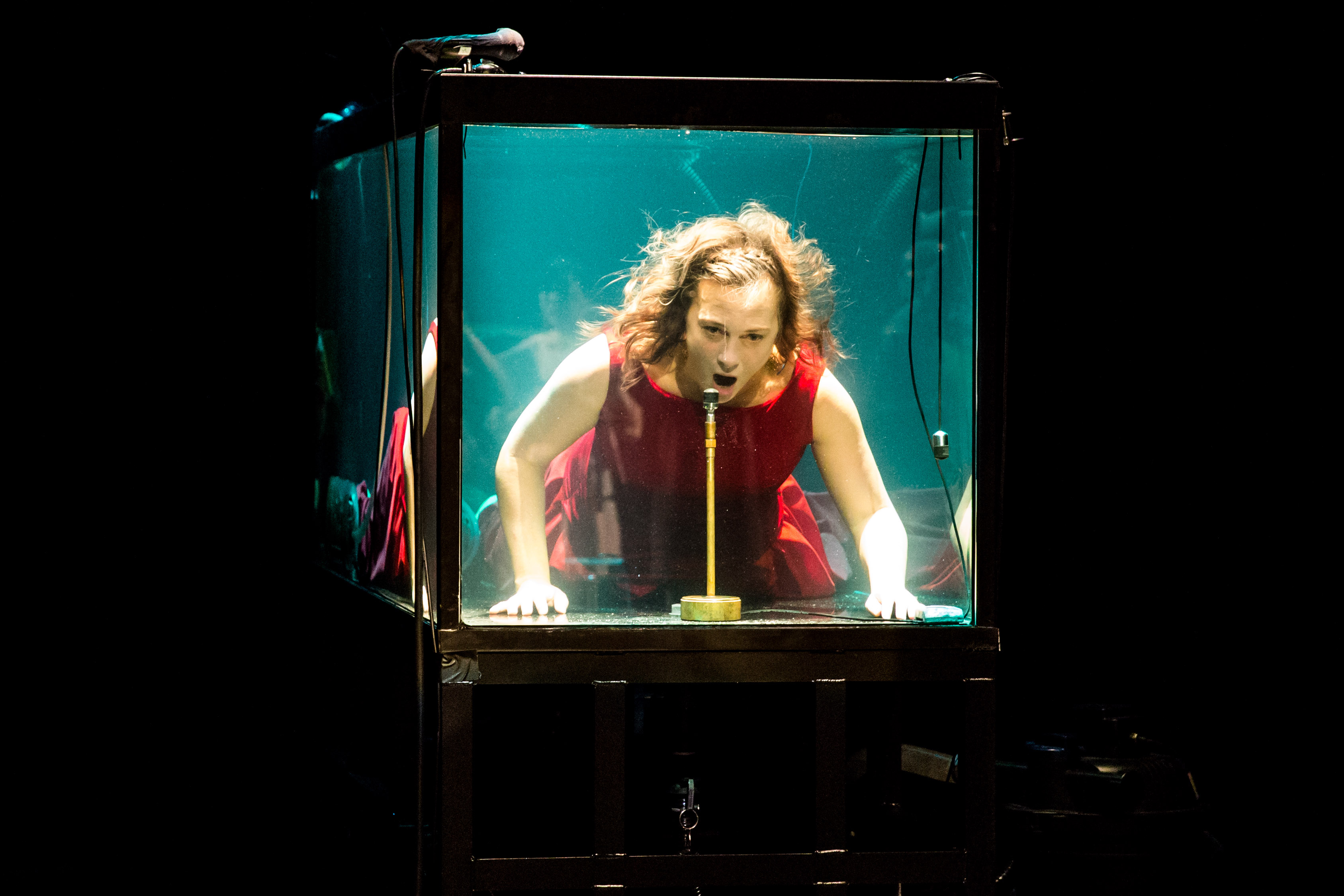 Vocalist Laila Skovmand sings underwater ahead of their concert at Hong Kong's New Vision Arts Festival. / Photo by Aria Hangyu Chen for TIME.
