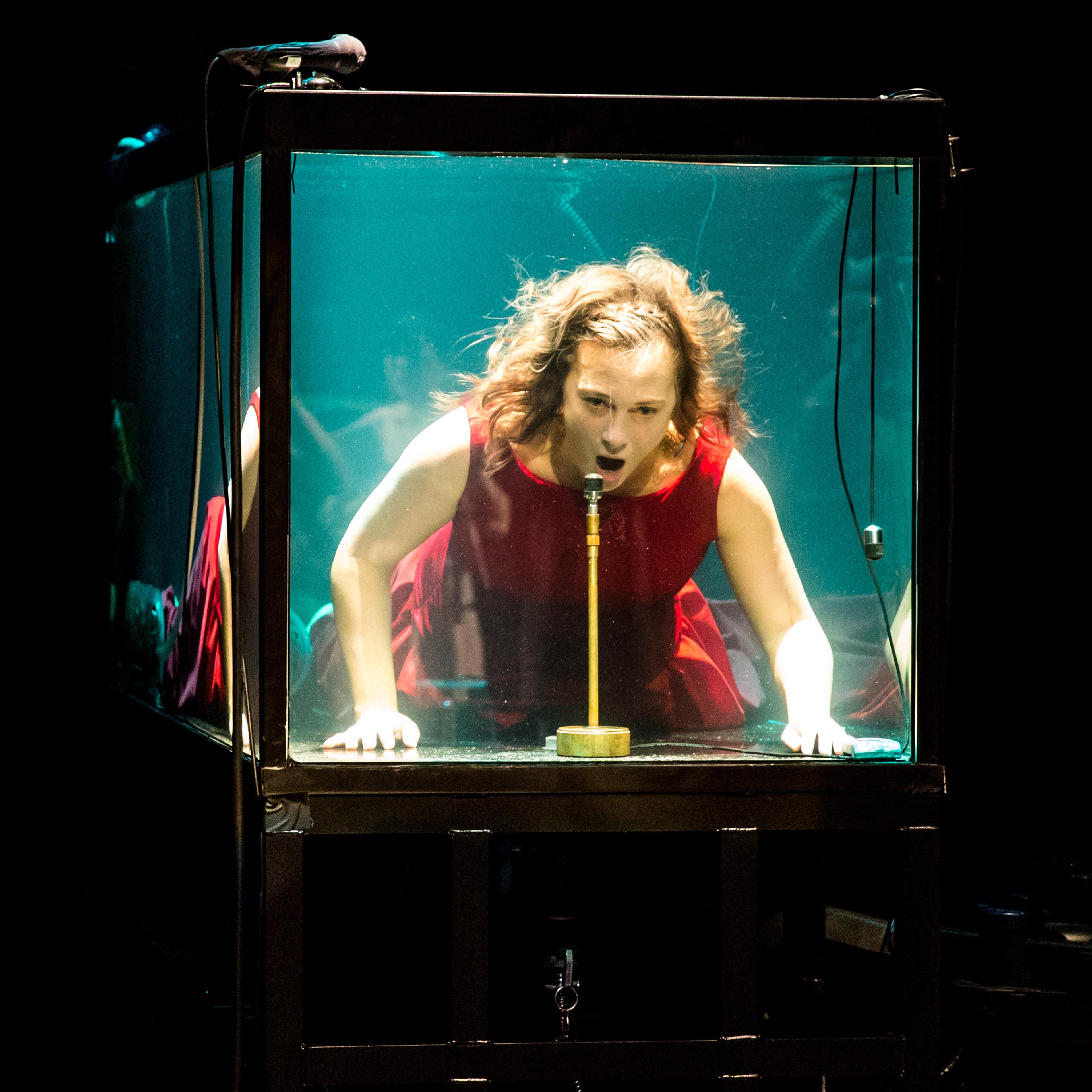 Vocalist Laila Skovmand sings underwater ahead of their concert at Hong Kong's New Vision Arts Festival. / Photo by Aria Hangyu Chen for TIME.