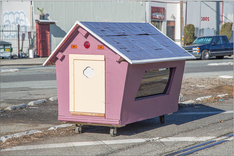 One of ten shelters on wheels built by Gregory Kloehn and the Homeless Homes Project in Oakland, California