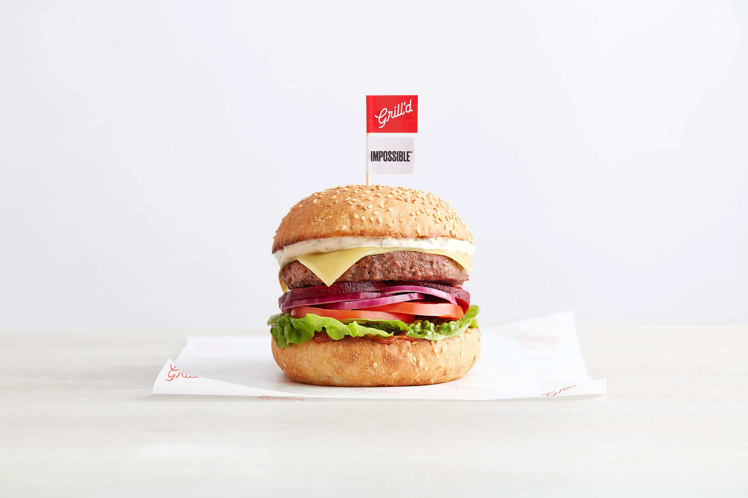 A burger made with a plant-based Impossible Foods patty. 