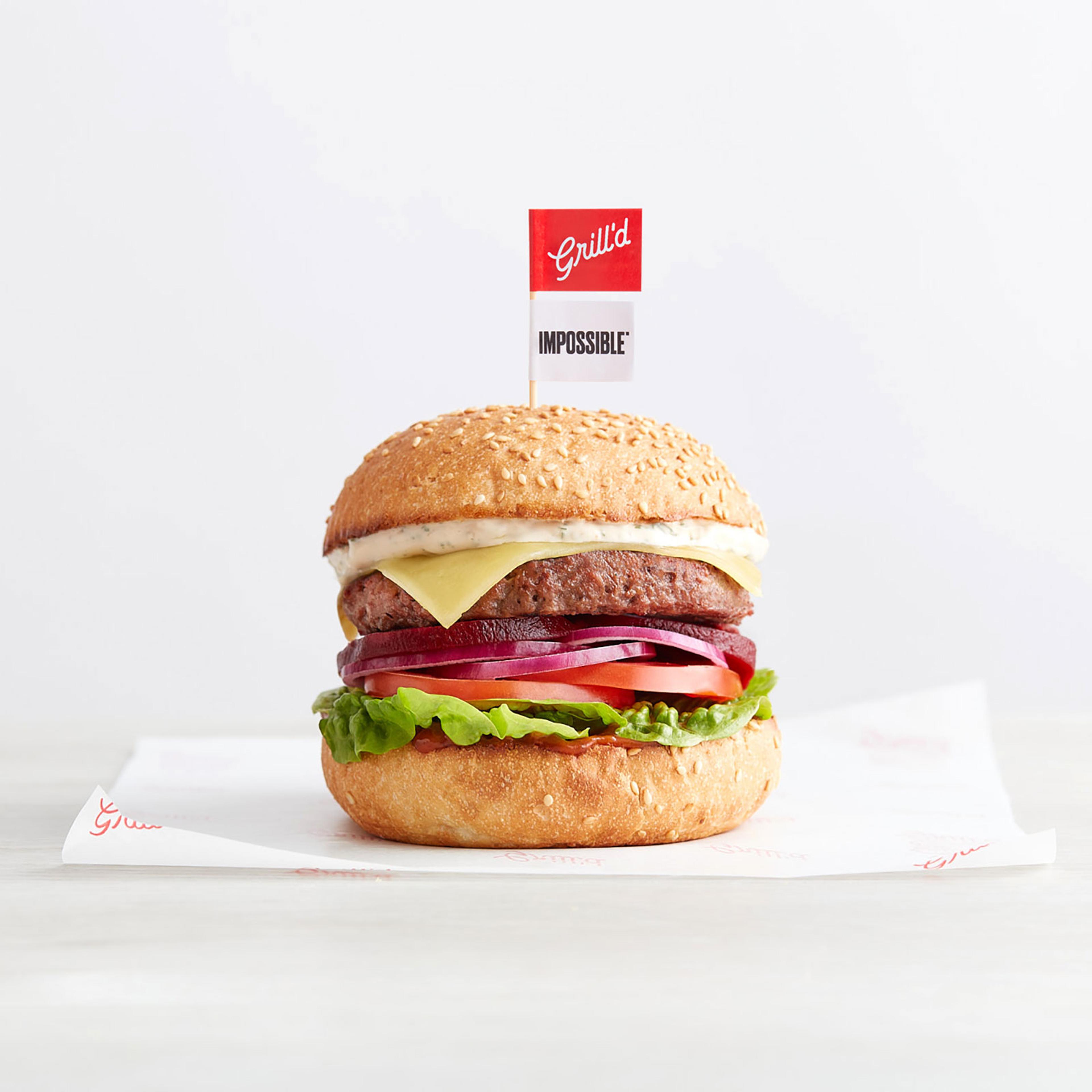 A burger made with a plant-based Impossible Foods patty.