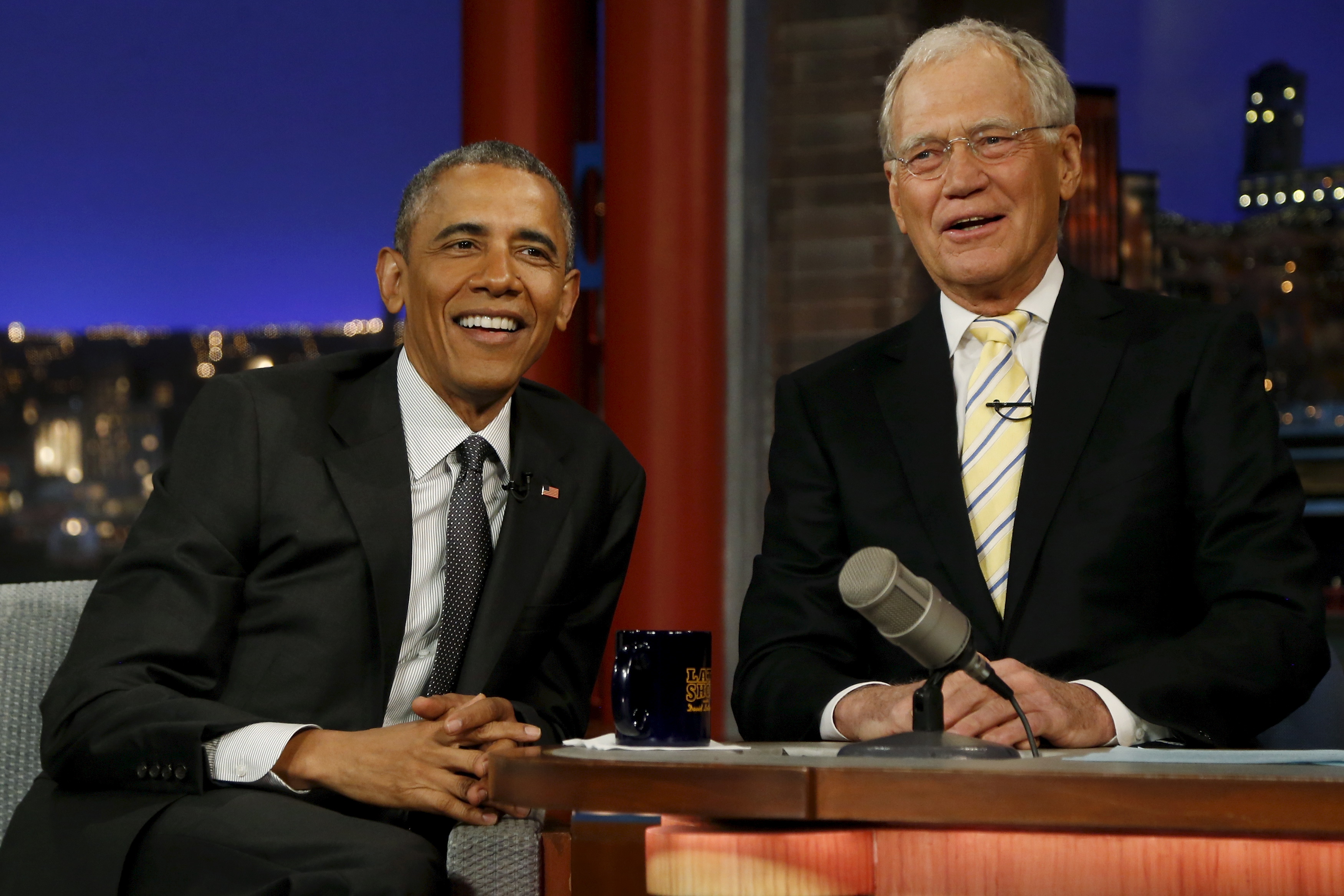 Obama tapes an appearance on the Late Show with David Letterman at the Ed Sullivan Theater in New York